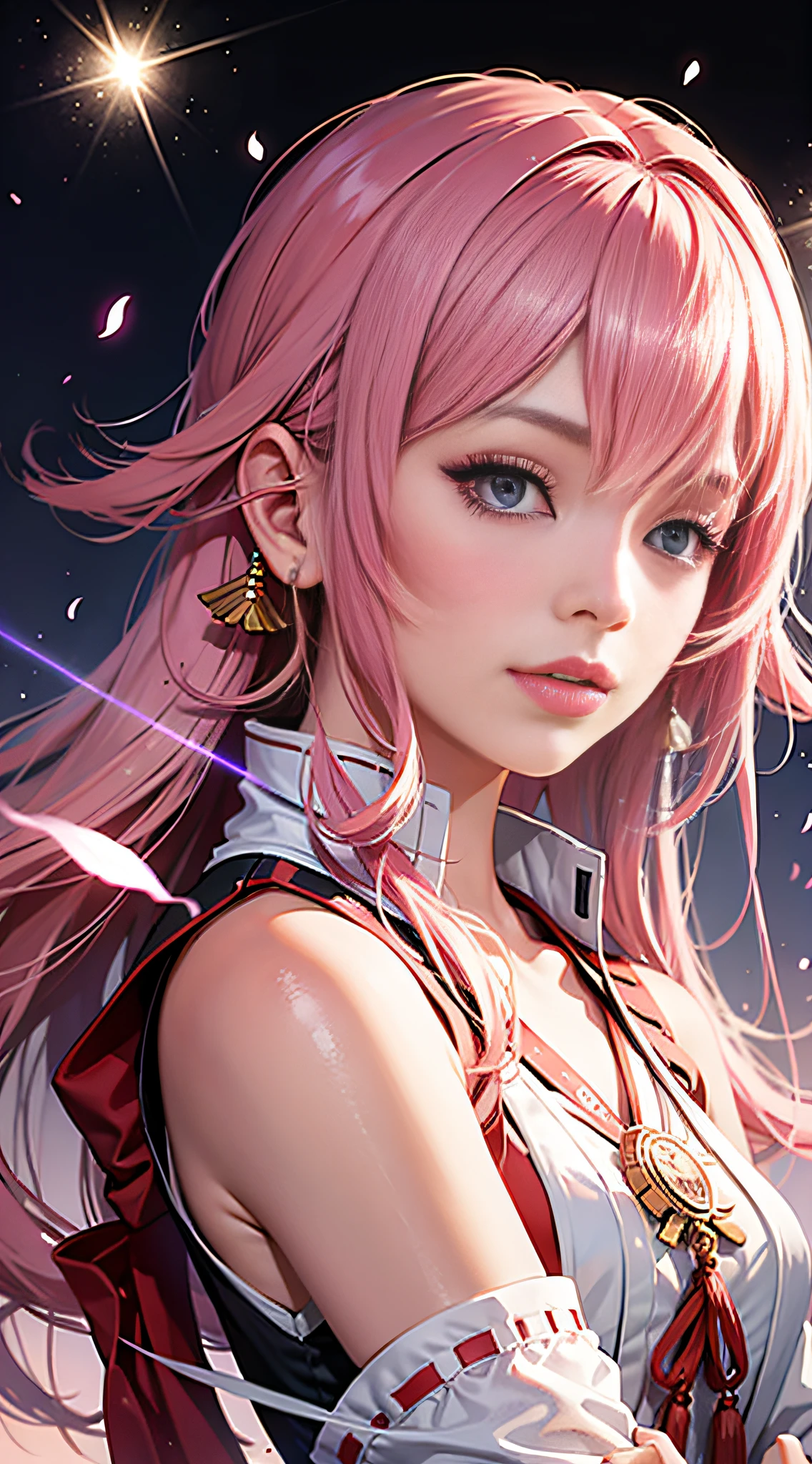 realistic, 1girl, pink hair, purple eyes, miko, nontraditional miko, light particles, light rays, wallpaper,