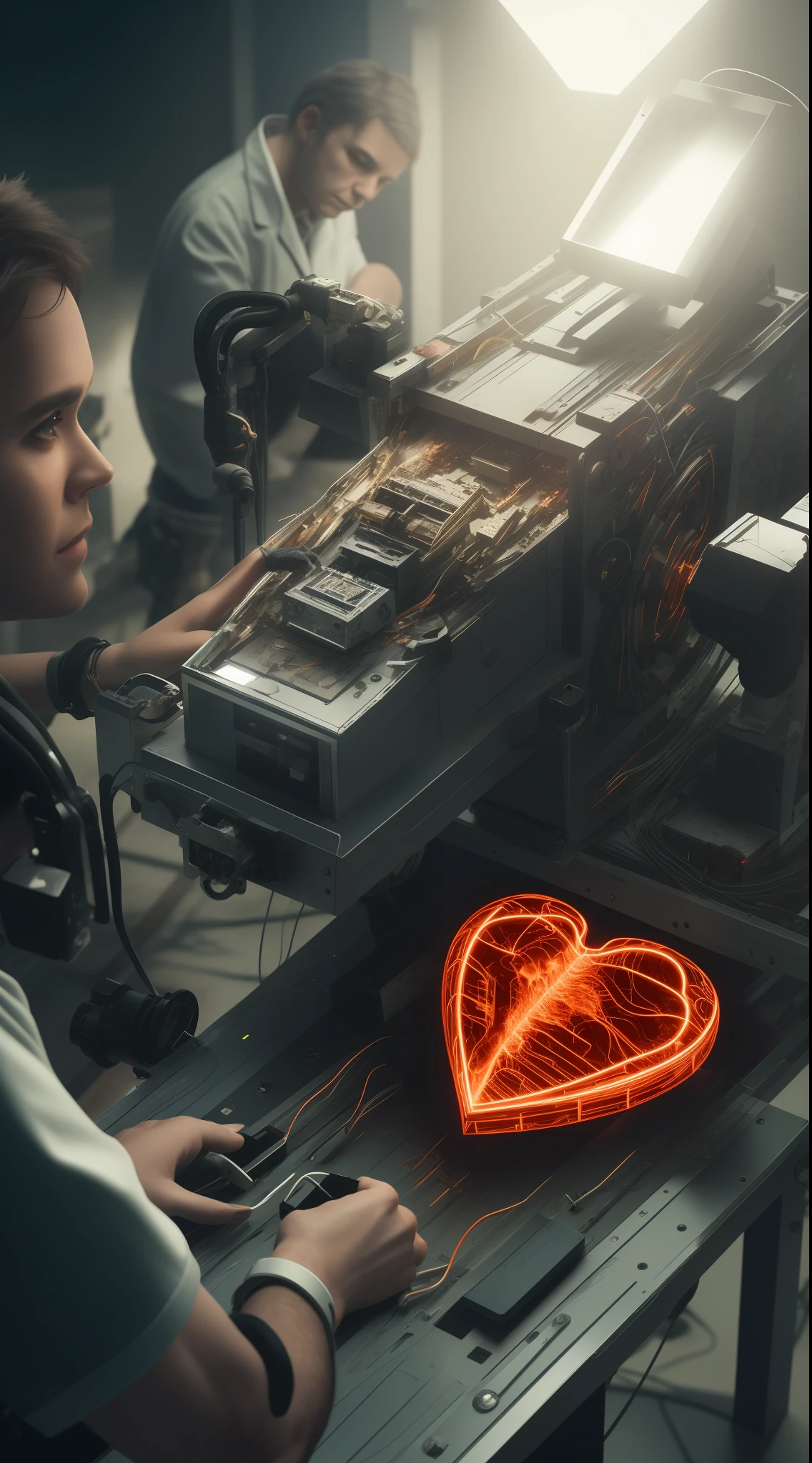 (dissection:1.3) of a (damaged:1.2) (machine:1.1) with white hair and beautiful detailed red eyes, she has a (mechanical (heart:1.1):1.1) and a (dirty face:1.2), with exposed wires and tubes, internal mechanical parts exposed from injury and short circuit, suffering heavy damage, being disassembled, natural light, light tracing, intricate circuitry, illustration, 8k wallpaper, super detailed, full body portrait,, Cinematic film still, high detail RAW color Photo, harsh lighting, cinematic lighting, contrast, textured skin, cold skin pores, hard light, gigapixel, 8k resolution, cinematic, octane render, unreal, high definition, 8k uhd, professional lighting, photon mapping, radiosity, physically-based rendering, perfect face, award-winning photography, ray tracing, intense gaze, cinematic lighting, masterpiece, best quality, intricate detail, absurdres