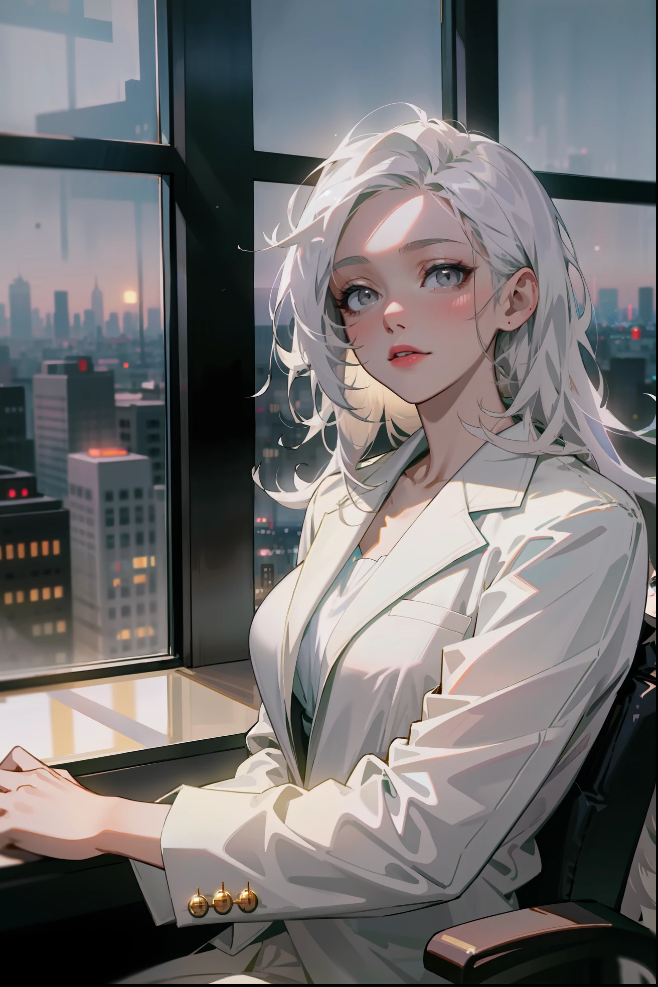 Woman wearing business outfit, formal blazer, white blouse, beautiful, masterpiece, best quality, perfect lighting, (white hair:1.2), long hair, (grey eyes:1.2), slender build, thin, medium breasts, business woman, ceo, sitting in luxurious black leather office chair, giant modern window with view of nighttime city skyline in background, close up