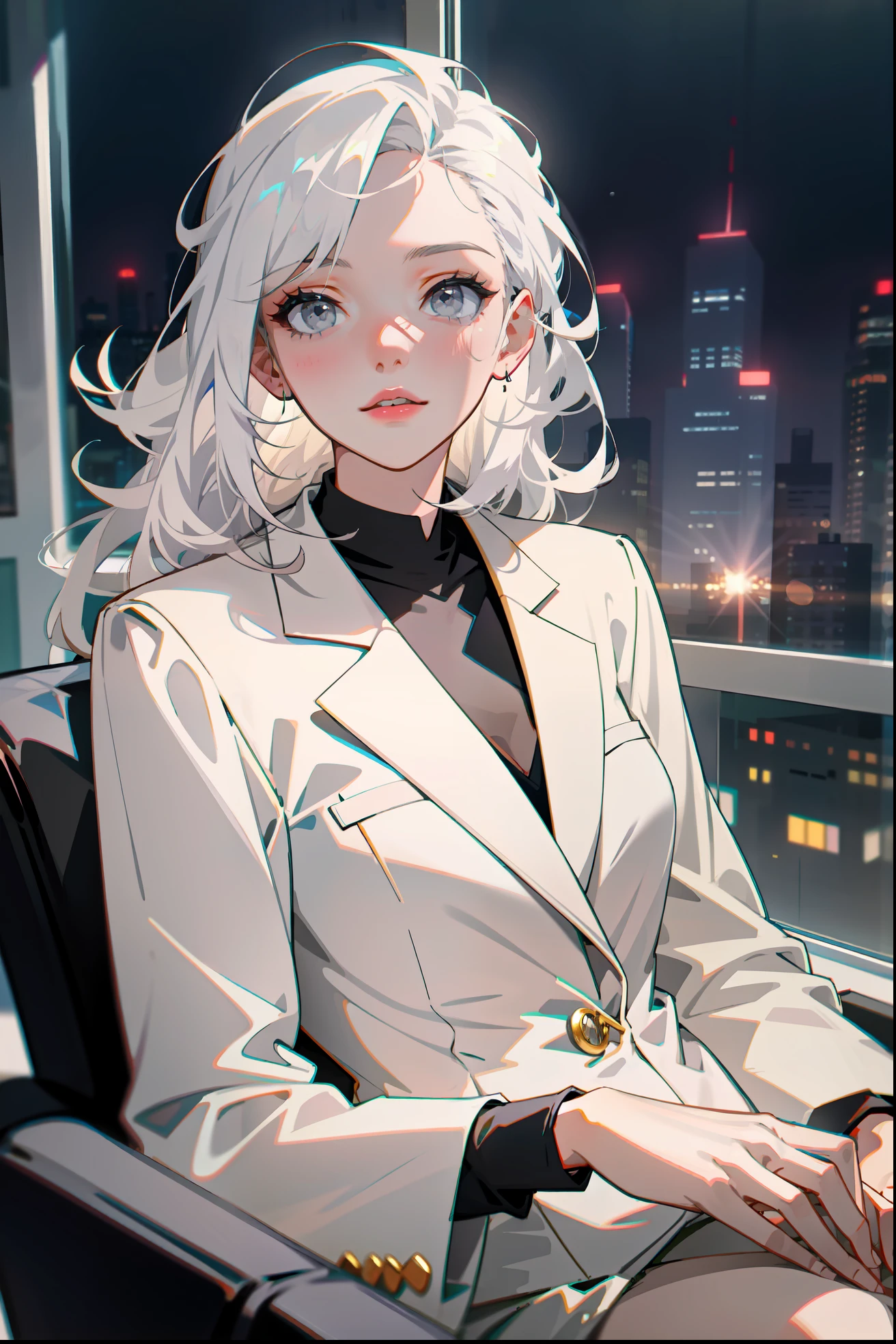 Woman wearing business outfit, formal blazer, white blouse, beautiful, masterpiece, best quality, perfect lighting, (white hair:1.2), long hair, (grey eyes:1.2), slender build, thin, medium breasts, business woman, ceo, sitting in luxurious black leather office chair, giant modern window with view of nighttime city skyline in background, close up