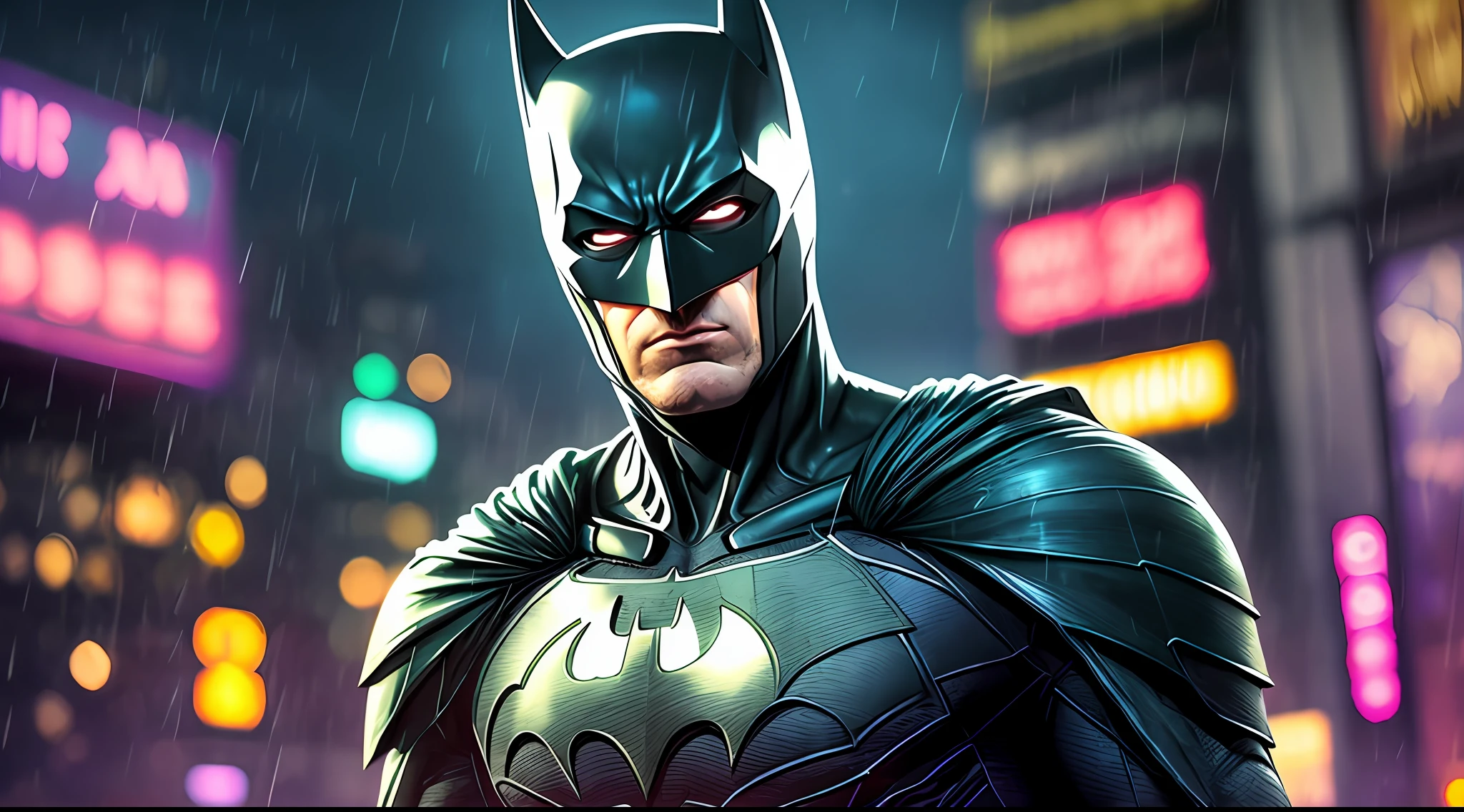 batman in the rain with a neon sign in the background, cyberpunk batman, the batman, from movie batman, batman portrait, portrait of batman, still image from batman movie, in batman movie still cinematic, film still of batman, batman horror movie, dan mumford. 8 k octane render, wojtek fus, cinematic 4 k wallpaper, cinematic 4k wallpaper