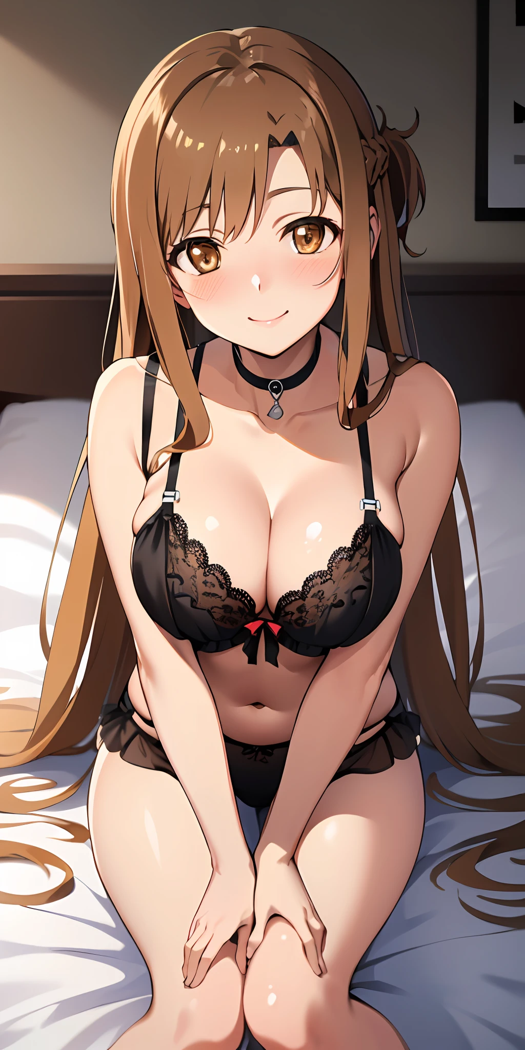 (Best quality:1.3), asuna yuuki, long hair, brown hair, (brown eyes:2), large breasts, lingerie, sitting on bed, smiling, (blushing:1.3, pov)