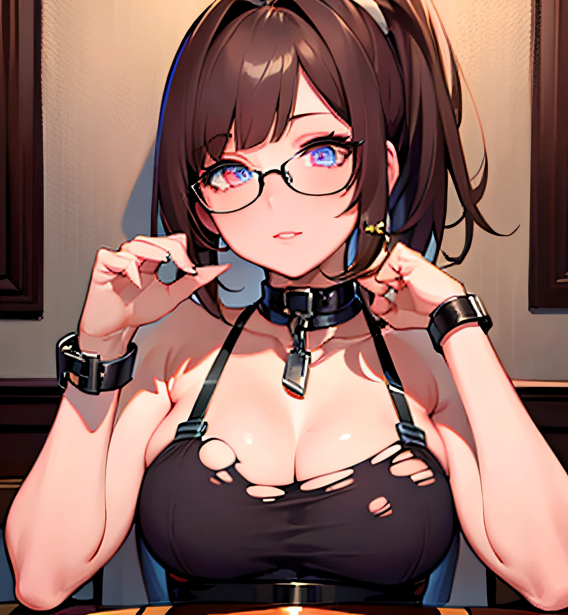 (masterpiece, sidelighting, finely detailed beautiful eyes: 1.2), realistic, 3d, 3d face, glowing eyes, glasses, shiny hair, lustrous skin, realcumAIbrown hair, short hair, ponytail, torn clothes, breasts on the table, handcuffs, chains, chubby body