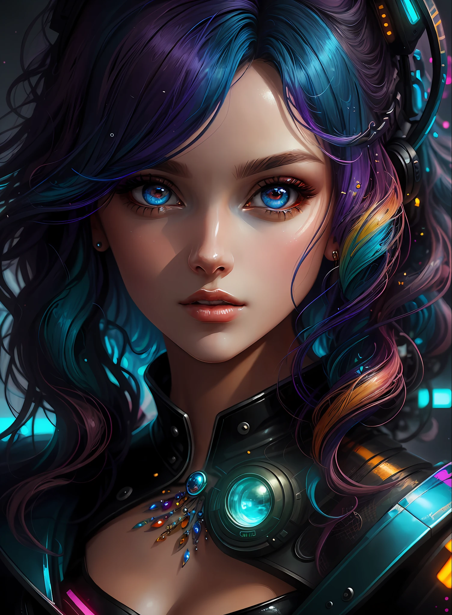 ((Best Quality)), ((Masterpiece)), (Real), (Details), (Details), (1 Woman) close-up portrait of woman with colorful hair, dreamy beautiful woman, 4K high-definition digital art, stunning digital illustration, stunning 8K artwork, colorful digital fantasy art, colorful and dark, beautiful digital artwork, colorful digital painting, Cyberpunk Digital Anime Art, Portrait of Girl with Bright Waves, 8K HD Digital Wallpaper Art, Gorgeous Digital Painting