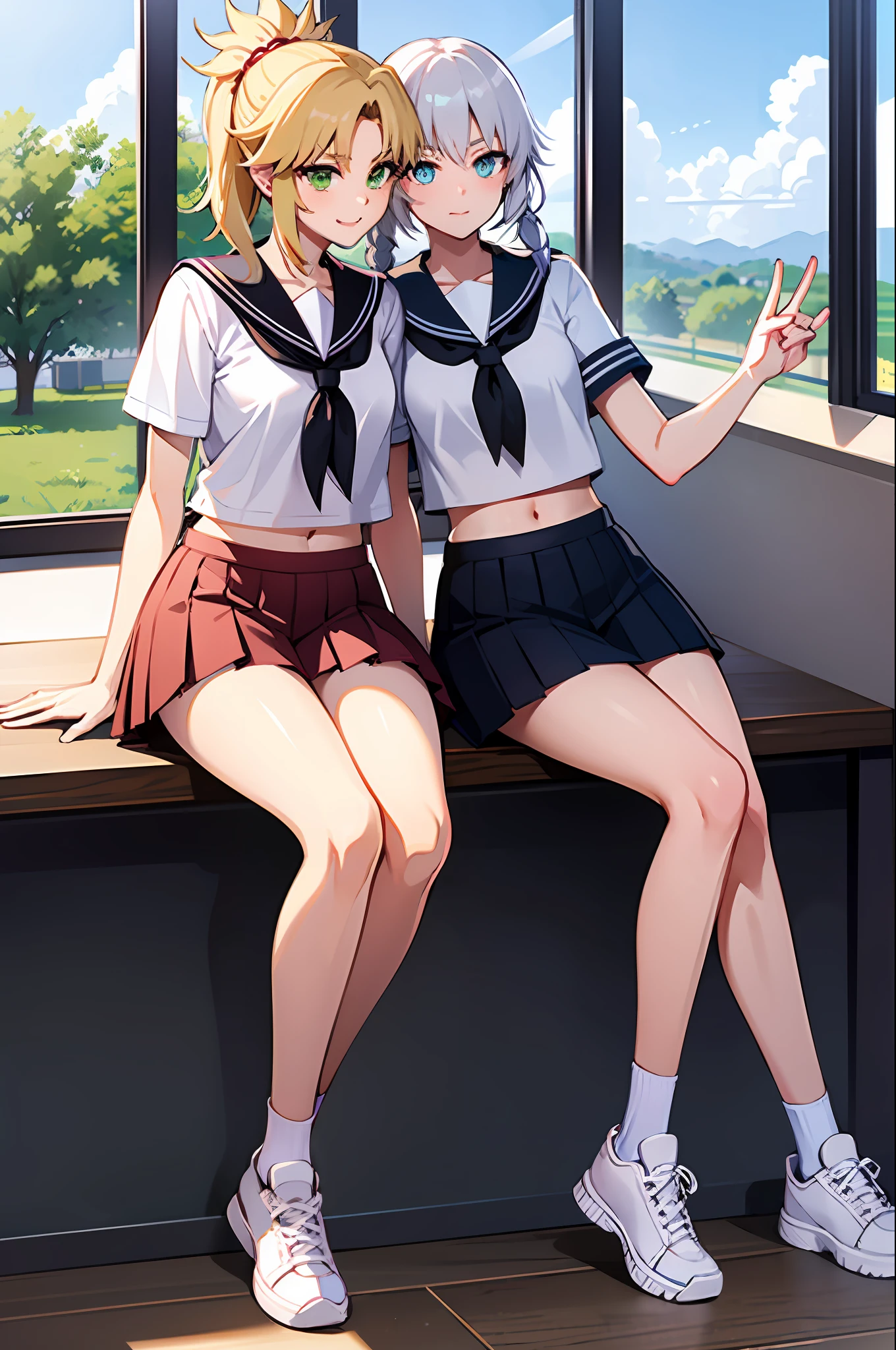 Masterpiece, Excellent, Full Body: 1.2, Mordred \(Fate\): 1.3, Ponytail, Green Eyes, Braids, Smug, Short Skirt, Pleated Skirt, (Sneakers), White Socks: 1.3, Sailor Suit Top, Alone, Alone, Exposed Navel, (Class Room), (Sitting at Desk)