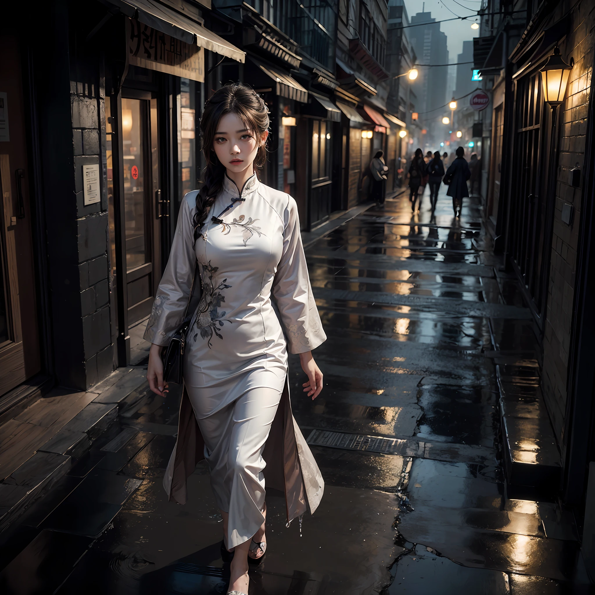 Aodai, street, the city at night, epic realistic, photo, faded, complex stuff around, intricate background, soaking wet, neutral colors, ((((hdr)))), ((((muted colors)))), intricate scene, artstation, intricate details, vignette