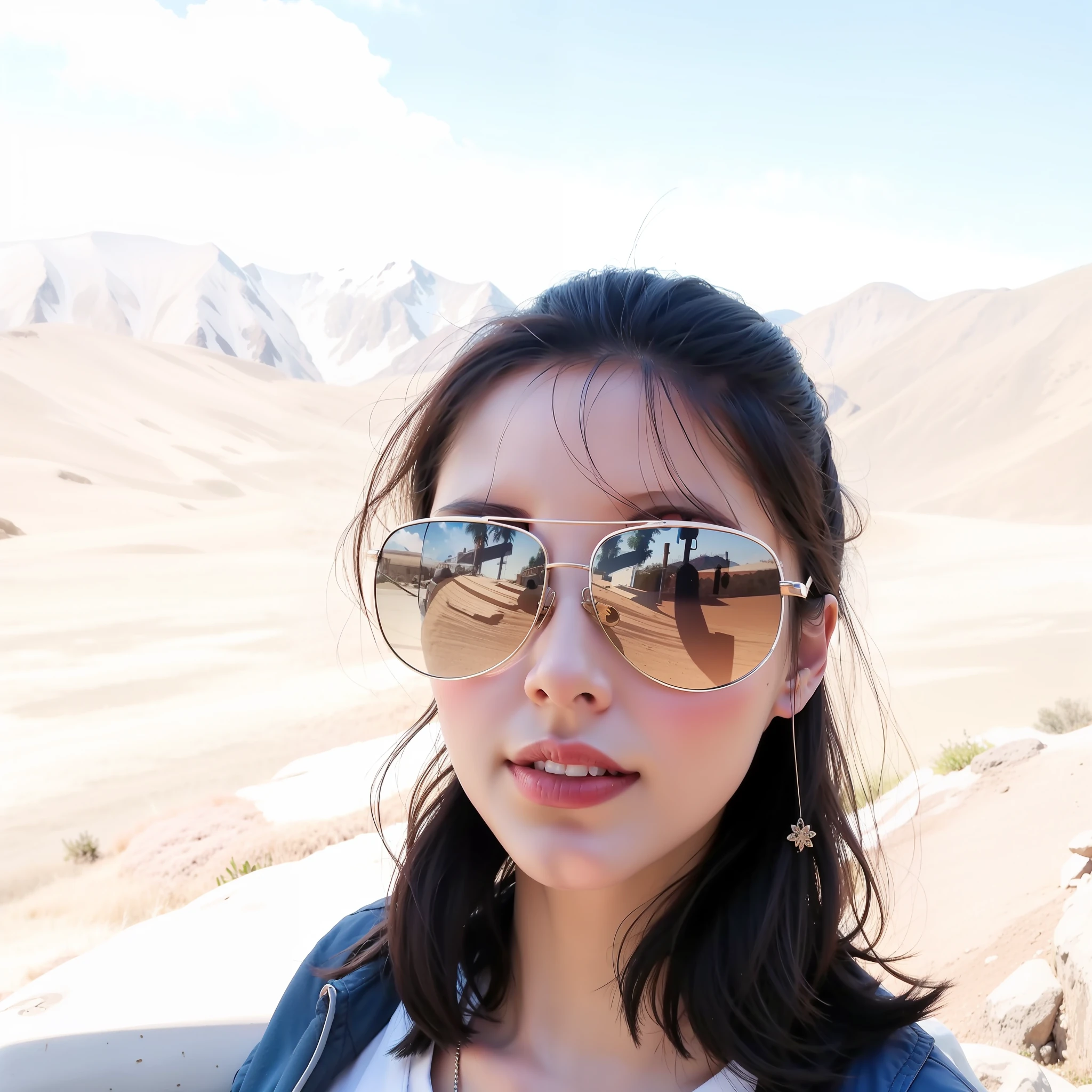 Wearing sunglasses and a blue jacket, stand in front of the mountain, and the mountain behind needs green