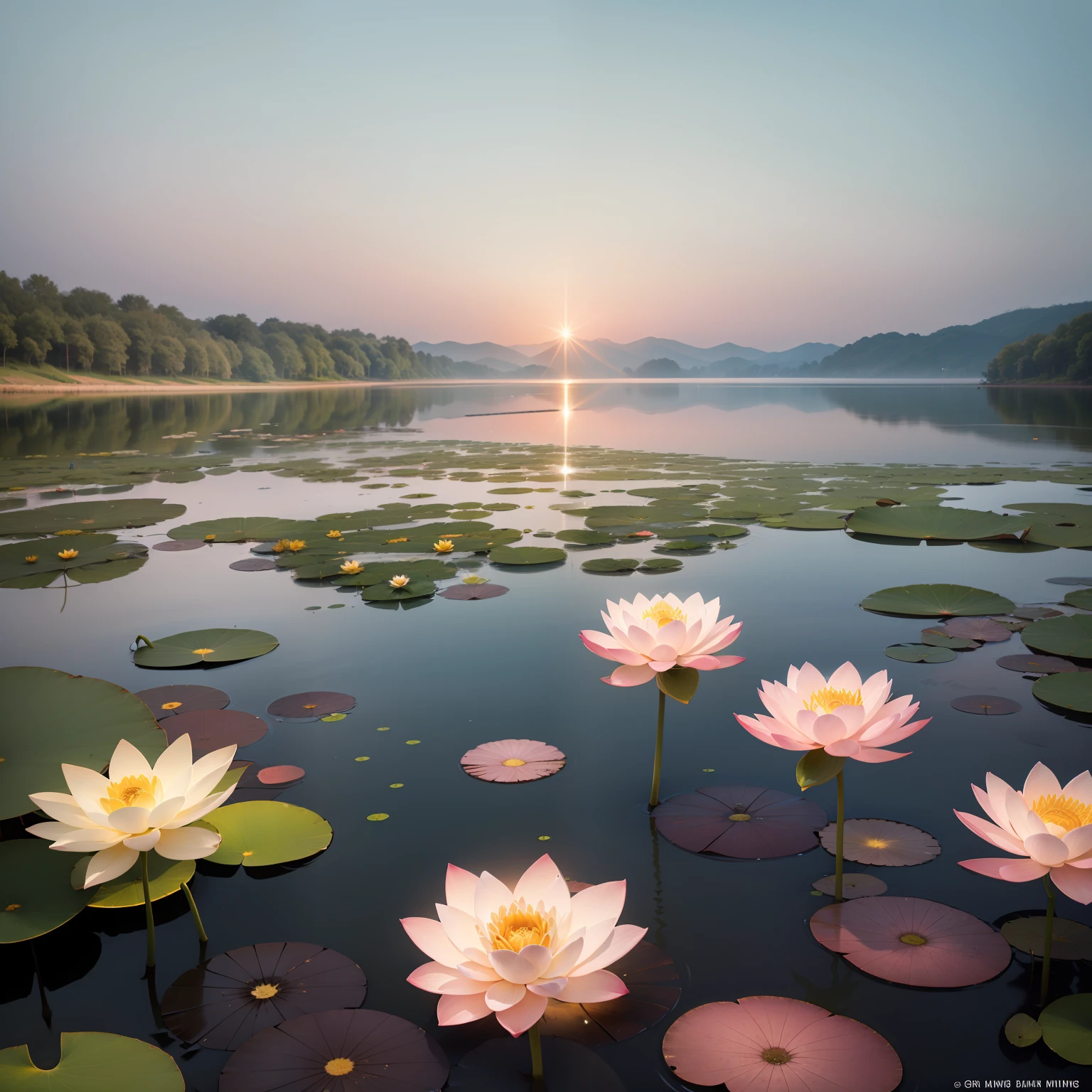 an infinitive lake with clear water, the bottom of the lake is golden sand, sparkling water, many big and high and colorful lotus flowers grow in the lake, the scent of lotus spreads throughout the lake surface mixed with the morning dew and the light of dawn.