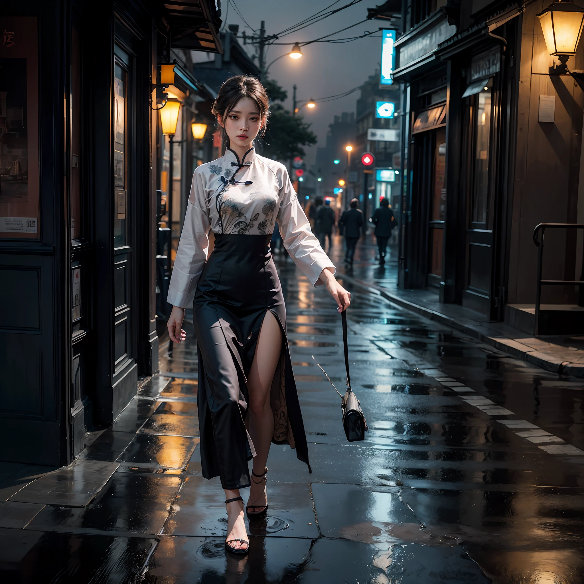 Aodai, street, the city at night, epic realistic, photo, faded, complex stuff around, intricate background, soaking wet, neutral colors, ((((hdr)))), ((((muted colors)))), intricate scene, artstation, intricate details, vignette
