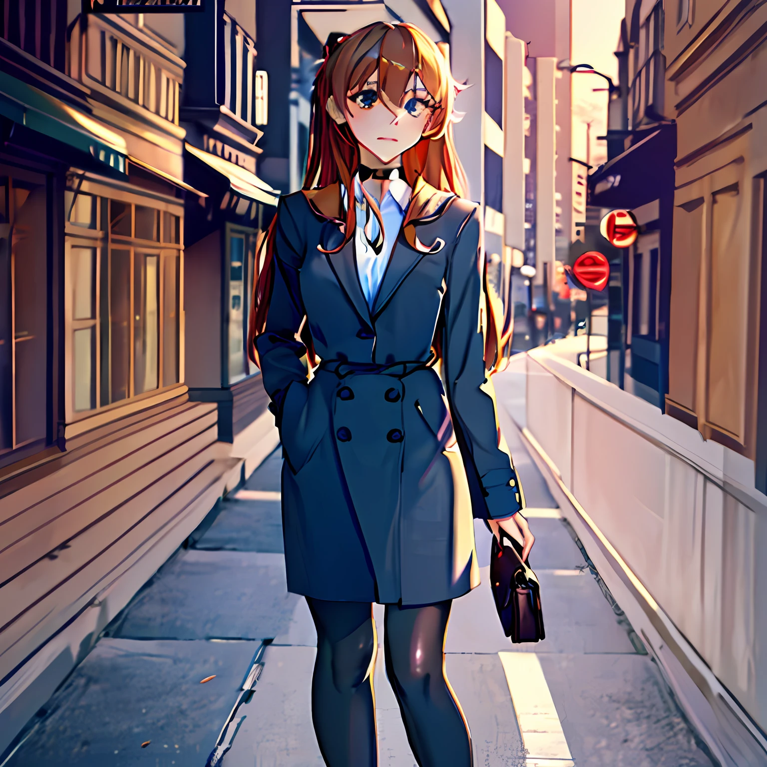 A sweet-looking professional-attire secretary, female, sexy, solemn gaze, long hair wavy hairstyle, wearing black pantyhose and high heels, standing on a bustling street