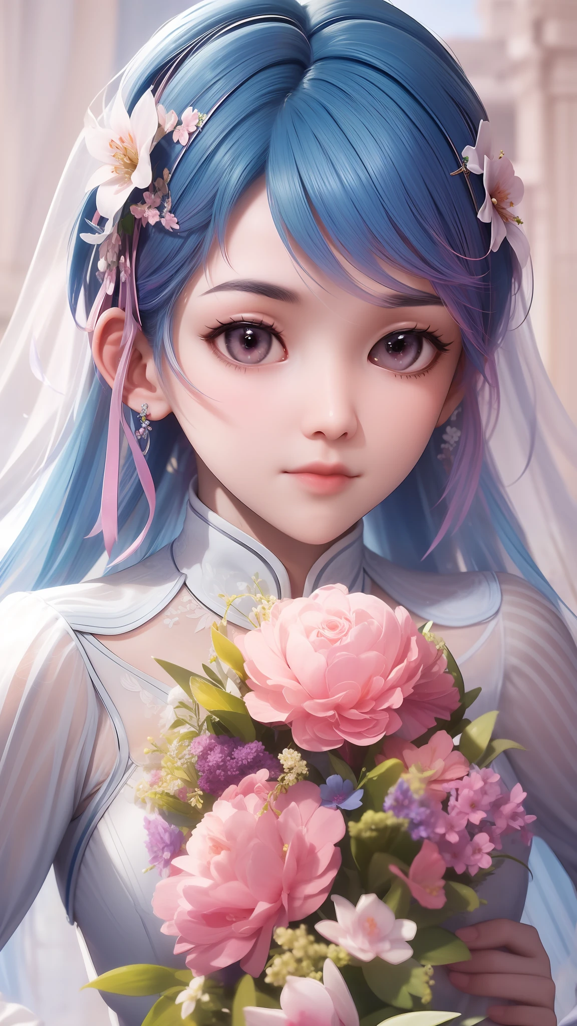 flowing water wedding dress, bouquet, fresh and natural, white wedding dress, pastel background, big eyes, small face, natural light, Asian face, cute Chinese girl, gentle hugging flowers, photos real and delicate, exquisite details, 8K, blue pink gradient hair