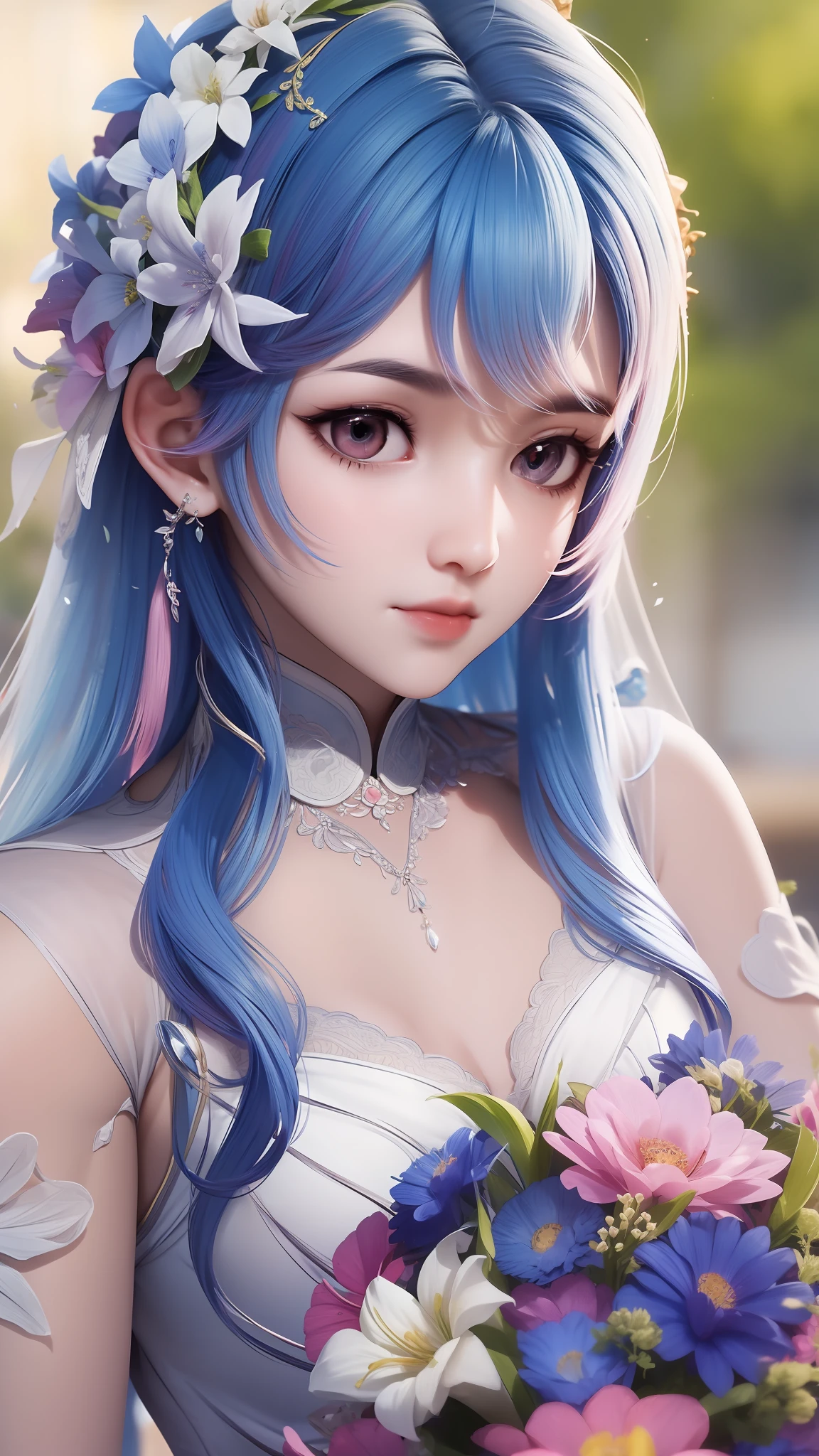 Flowing water wedding dress, bouquet, fresh and natural, white wedding dress, pastel background, big eyes, small face, natural light, Asian face, cute Chinese girl, gentle holding flowers, photos real and delicate, exquisite details, 8K, ((blue pink gradient hair))