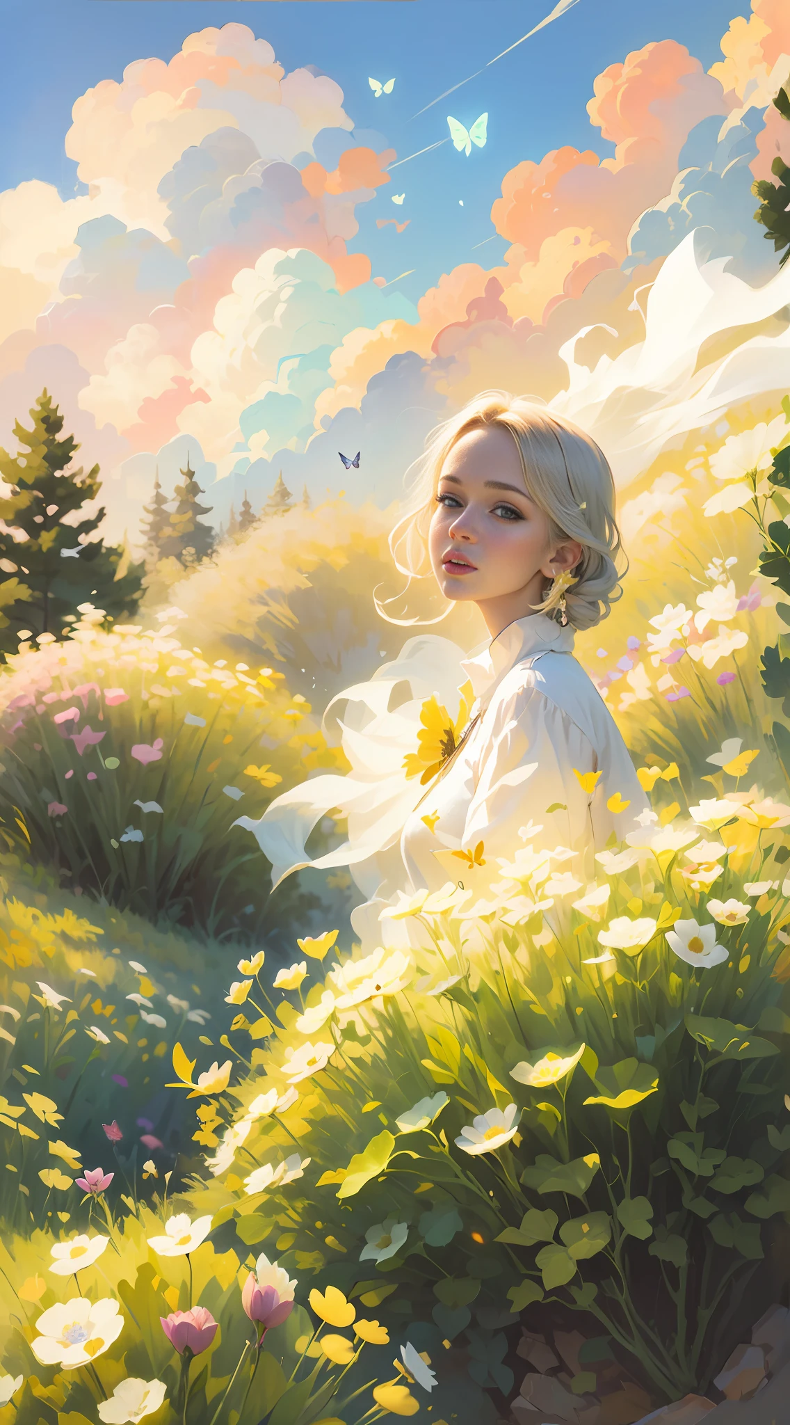 Lustration of a woman in a field of flowers A blue sky of clouds, beautiful illustration, beautiful painting, beautiful UHD 4K art, beautiful art, a beautiful art illustration, art in the style of Guweiz, beautiful painting, Atey Ghailan 8K, Artgerm and Atey Ghailan, girl in a field of flowers, (butterflies). (best quality, masterpiece), 1girl, pose, particle, wind, flower, upper body, sky background, looking at the viewer. --auto