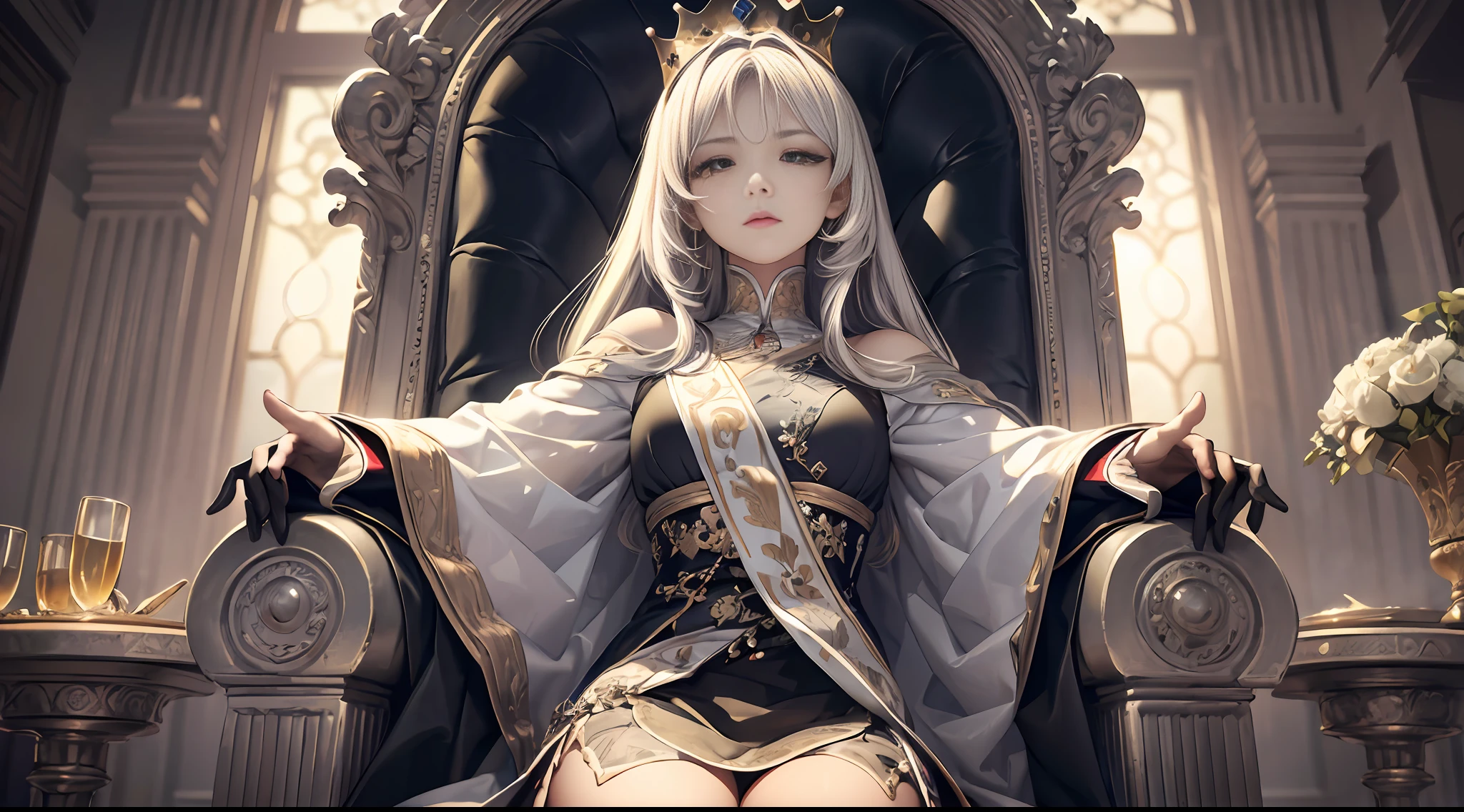 Epic composition, realistic lighting, HD detail, masterpiece, best quality, (very detailed CG uniform 8k wallpaper), vast landscape photos, (Masterpiece:1.2), best quality, (illustration:1.2), (ultra-detailed), hyper details, (delicate detailed), (intricate details), ( cinematic light, best quality backlights), clear line, from below, solo girl 1.2, perfect body, (1girl), white hair and yellow eyes, (emperor, black see-through clothes), (crown: 1.1), sitting on the throne, slightly closed eyes, head down, head down, (shyness: 1.2 ), (makeup), high contrast, (best illumination, an extremely create and beautiful), ((cinematic light)), colorful,