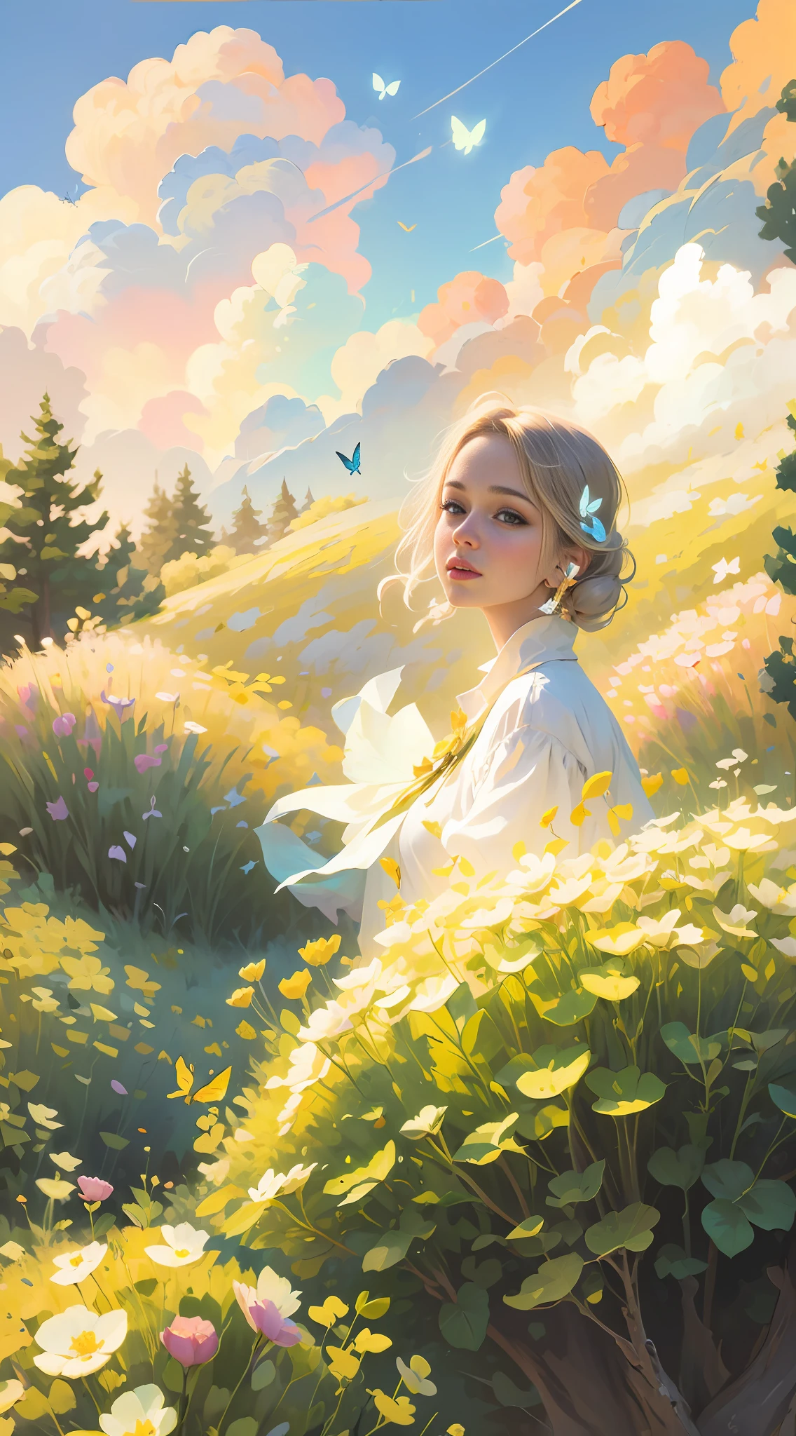 Lustration of a woman in a field of flowers A blue sky of clouds, beautiful illustration, beautiful painting, beautiful UHD 4K art, beautiful art, a beautiful art illustration, art in the style of Guweiz, beautiful painting, Atey Ghailan 8K, Artgerm and Atey Ghailan, girl in a field of flowers, (butterflies). (best quality, masterpiece), 1girl, pose, particle, wind, flower, upper body, sky background, looking at the viewer. --auto