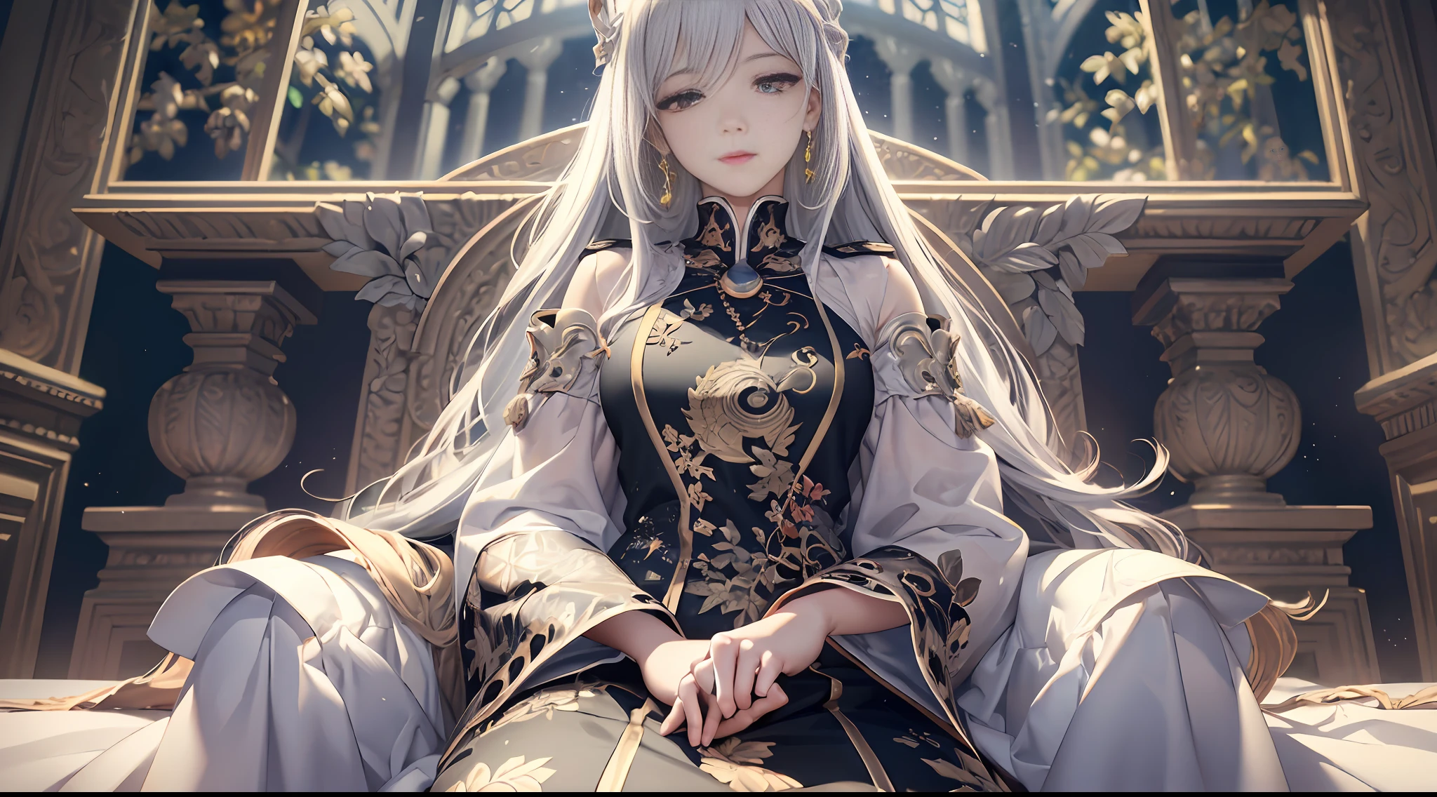 Epic composition, realistic lighting, HD detail, masterpiece, best quality, (very detailed CG uniform 8k wallpaper), vast landscape photos, (Masterpiece:1.2), best quality, (illustration:1.2), (ultra-detailed), hyper details, (delicate detailed), (intricate details), ( cinematic light, best quality backlights), clear line, from below, solo girl 1.2, perfect body, (1girl), white hair and yellow eyes, (emperor, black see-through clothes), (crown: 1.1), sitting on the throne, slightly closed eyes, head down, head down, (shyness: 1.2 ), (makeup), high contrast, (best illumination, an extremely create and beautiful), ((cinematic light)), colorful,