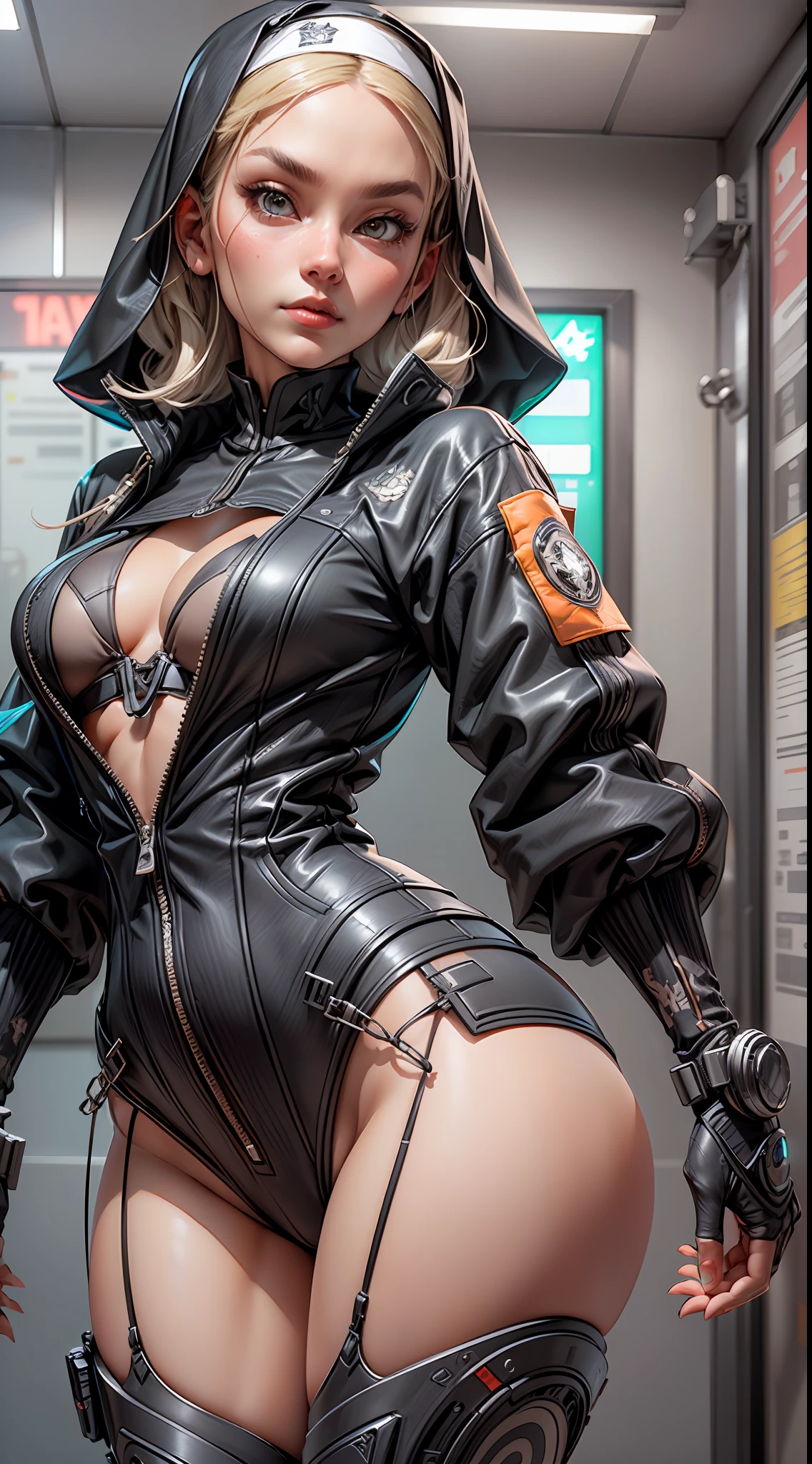 (An ultra-detailed CG illustration with high-quality and dynamic angles: 1 nun is featured wearing a desirable techwear jacket, revealing a line of sexy, futuristic clothing.)