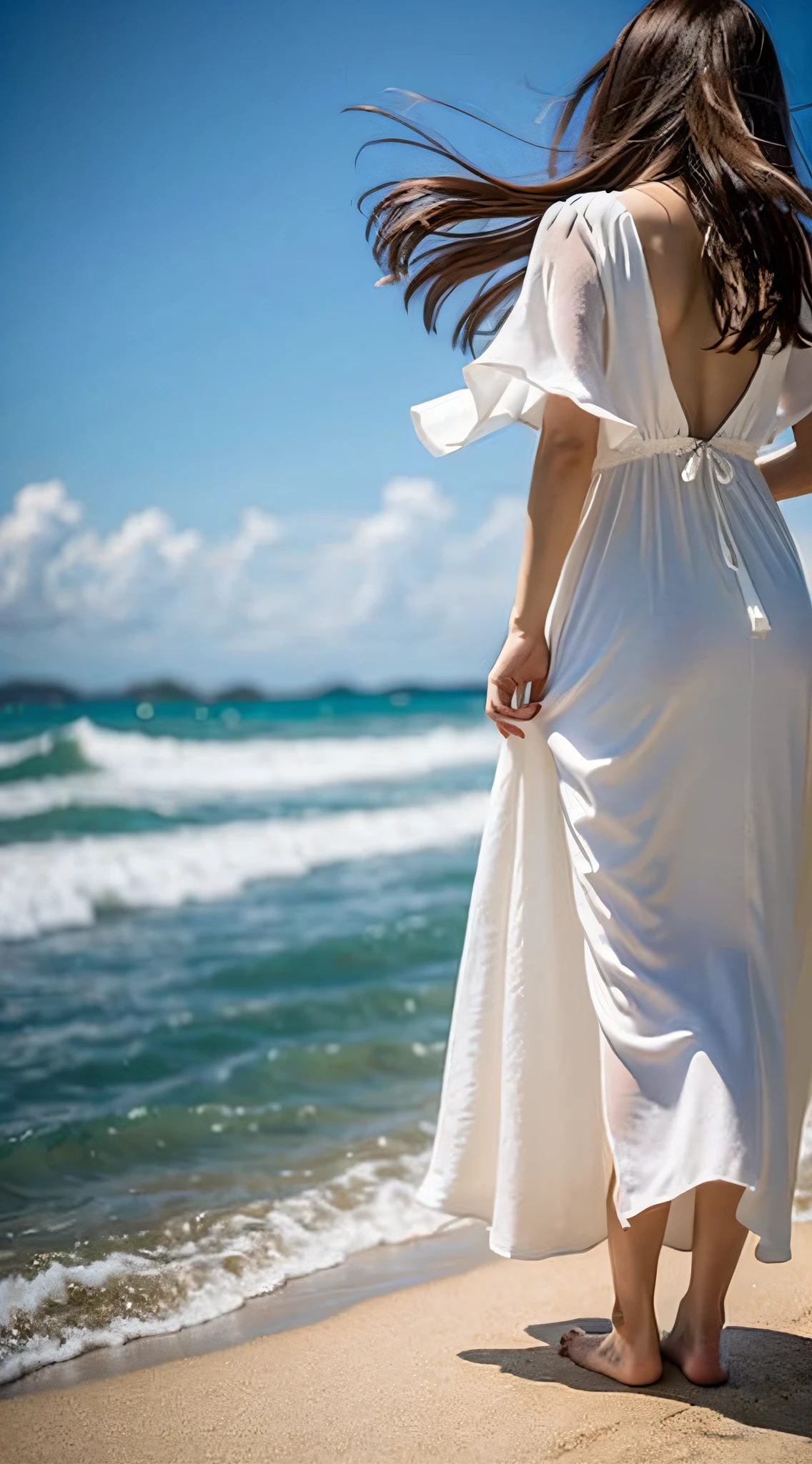 Long-haired girl, barefoot, white dress long dress, blue sky, sea, back, back, faceless, real photo, full body photo, long view photo