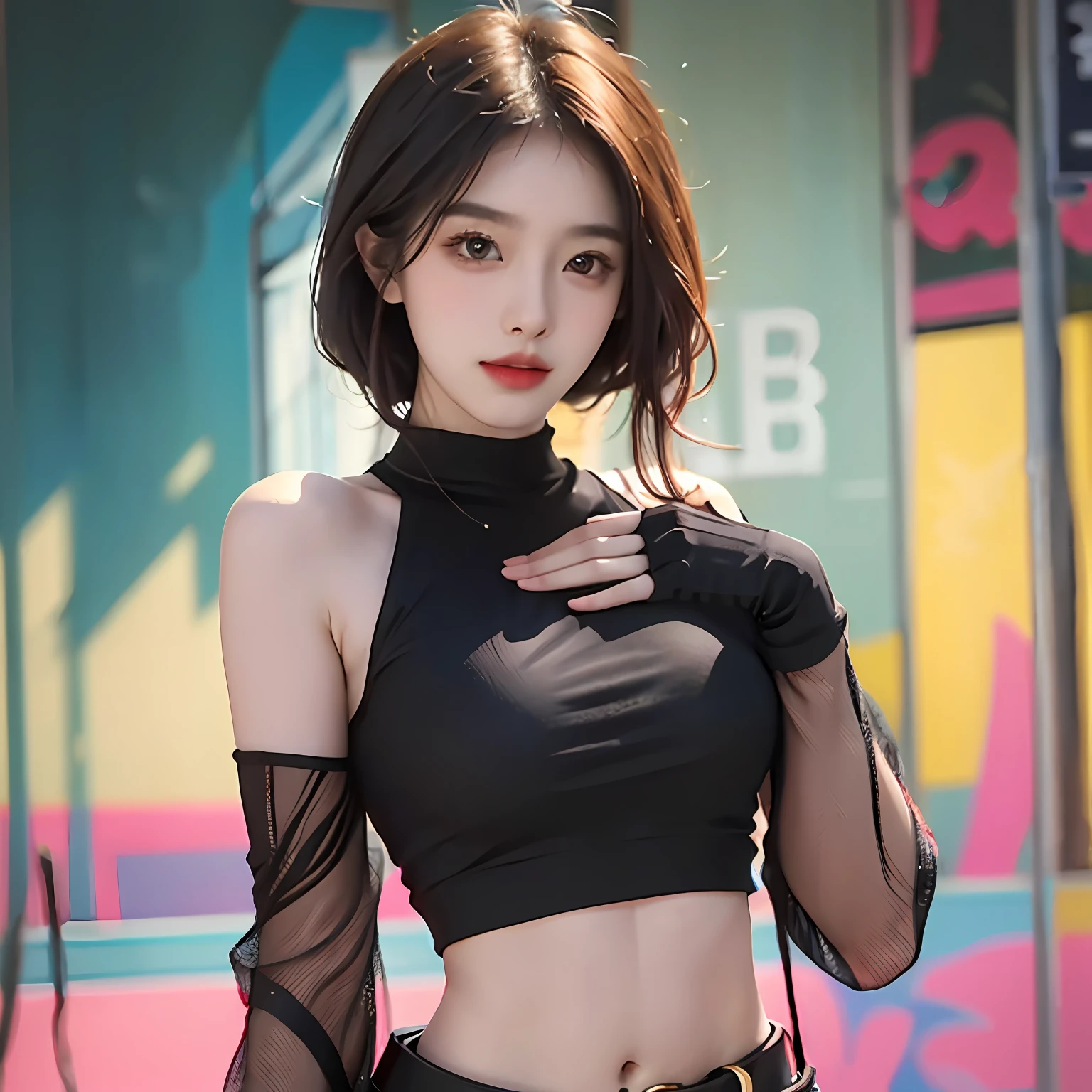 detailed background, Deep Depth Of Field,5 fingers,Sharp Focus,glowing skin,The lighting is soft and warm,light particle,neon lights,high resolution,Brilliant Colorful Paintings,(((Masterpiece))),best quality,Natural Volumetric Lighting And Best Shadows,detailed shadows,JinxLol,mature female,1girl, solo,looking at viewer, navel, gloves, fingerless gloves, midriff, bare shoulders, looking at viewer, crop top, belt,Location: beach,
