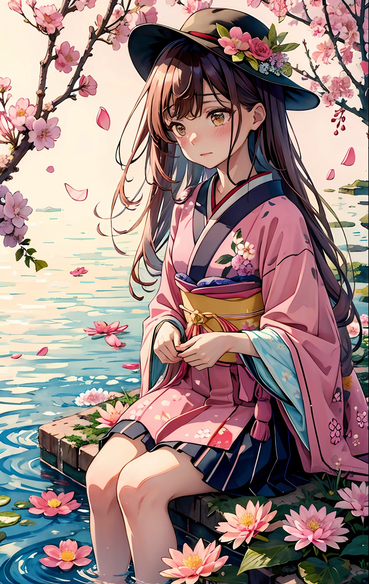 1girl, bangs, blush, branch, brown_eyes, brown_hair, camellia, cherry_blossoms, daisy, eyebrows_visible_through_hair, floating_hair, floral_background, floral_print, flower, flower_\(symbol\), frills, hair_flower, hair_ornament, hakama, hakama_skirt, hanami, hat_flower, holding_flower, hydrangea, in_tree, japanese_clothes, kimono, lily_\(flower\), lily_pad, long_hair, long_sleeves, looking_at_viewer, lotus, marker_\(medium\), outdoors, painting_\(medium\), petals, pink_flower, pink_hair, pink_theme, plum_blossoms, purple_flower, ribbon, sakura_miku, sitting_in_tree, skirt, solo, spring_\(season\), standing, tears, traditional_media, tree, very_long_hair, watercolor_\(medium\), white_flower, wide_sleeves, wisteria