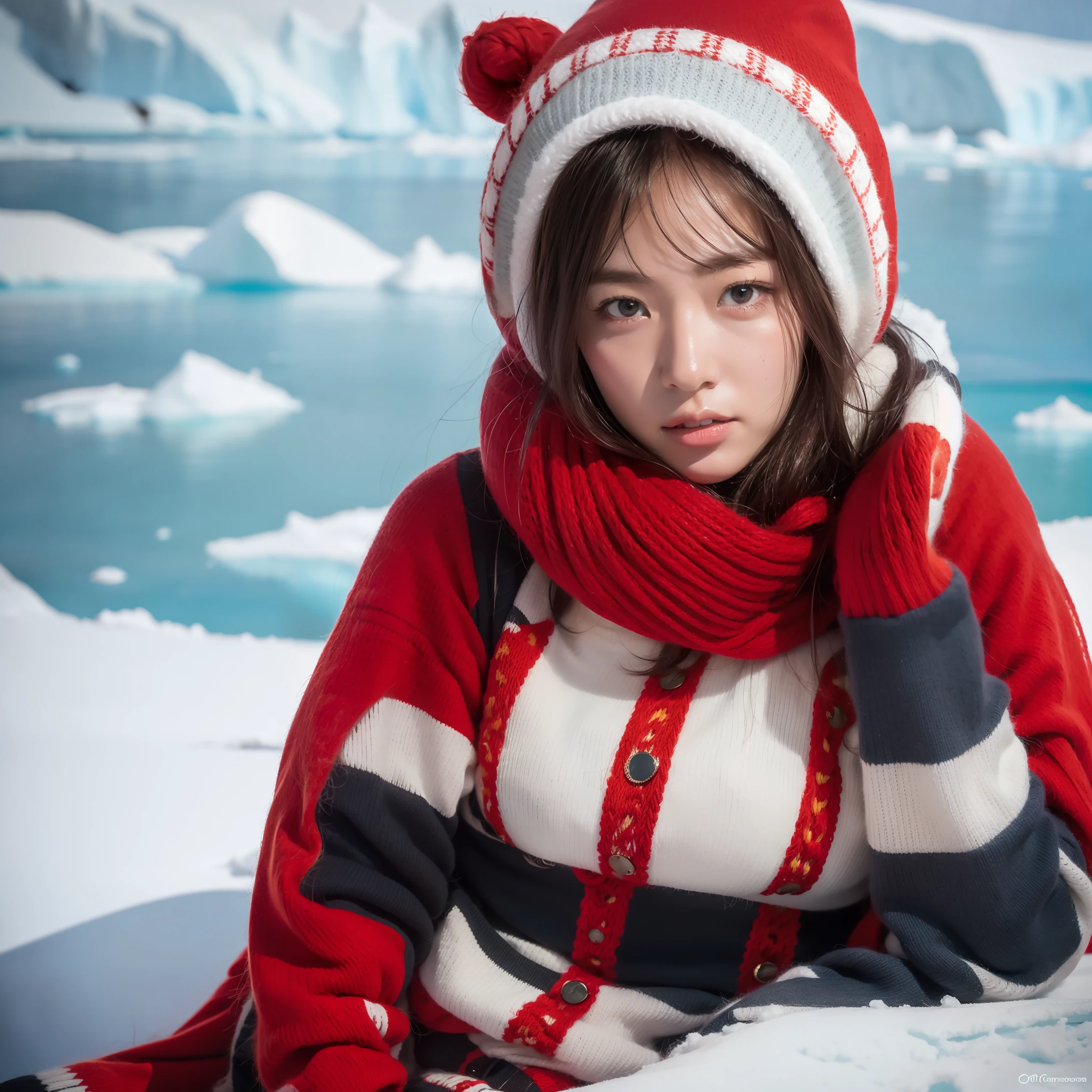 8K, RAW photo, high quality, realistic, full body photo, 1 girl, super detailed face, red yarn, in Antarctica