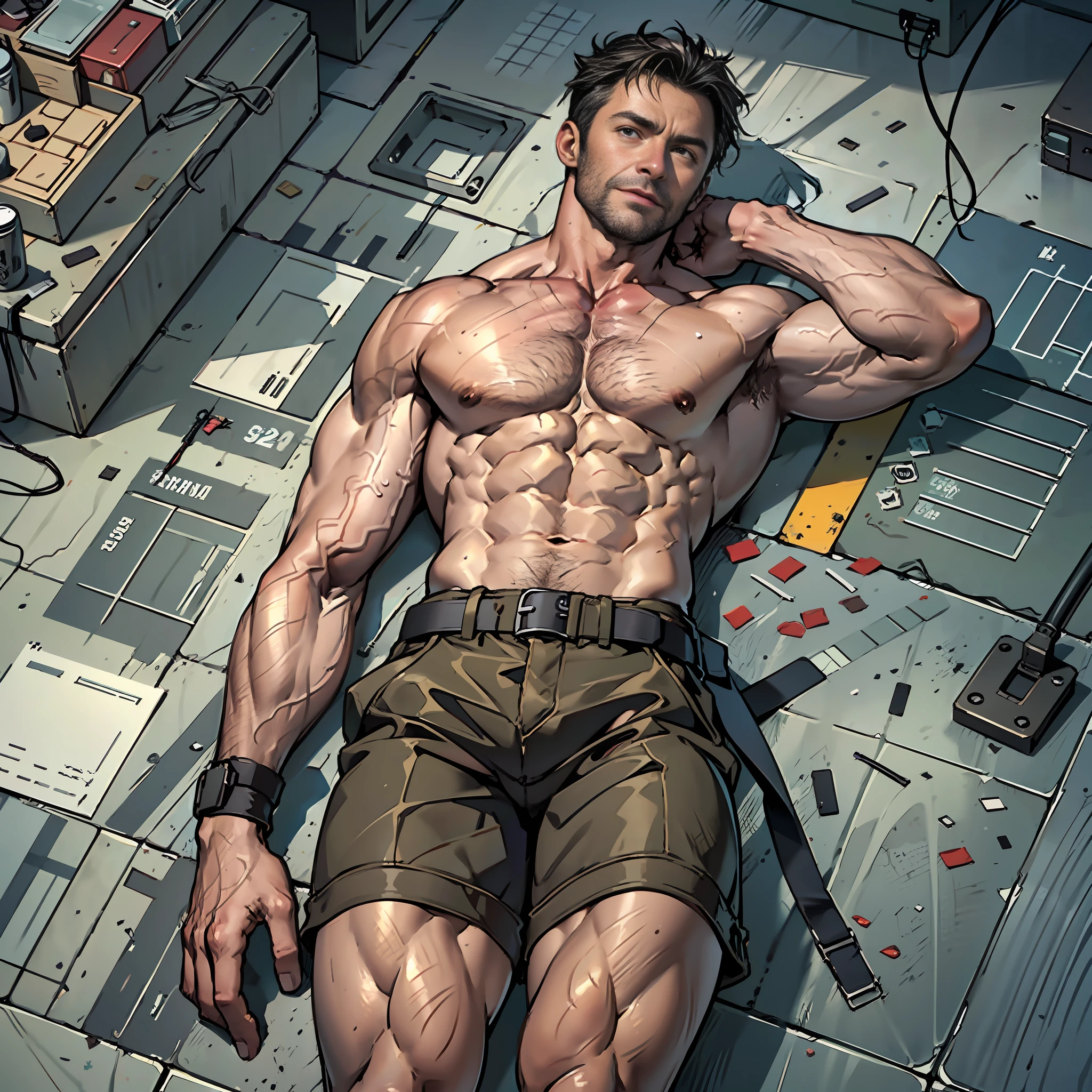 (((Each complete military equipment neatly arranged in a block pattern on a single plane))), floor plan, ((character concept art)), character design sheets, single character different costumes, table posters, ((tiled clothes)), tiled equipment, ((muscle man lying on the ground)), many parts split tiles, ((Hugh Jackman)), ((bare chest muscle block)), ((whole body)), smooth skin (masterpieces: 1, 2), best quality, masterpiece, high resolution, original, extremely detailed wallpaper, Perfect lighting, (very detailed CG: 1.2)