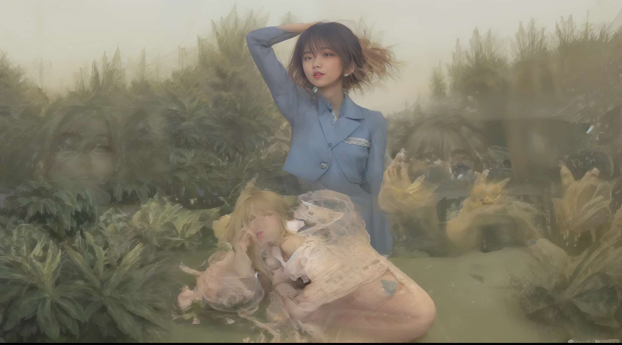 Chinese girl, cute, school uniform, long hair, white skin and beauty, full body, sunshine, grass, cow and sheep hyperrealism, 8K super detail, precision, the best quality