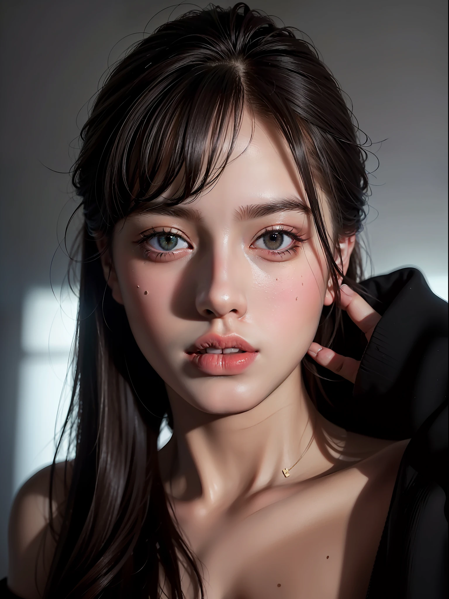 Best quality, masterpiece, ultra high res, (photorealistic:1.4), raw photo, 1girl, offshoulder, in the dark, deep shadow, low key, cold light