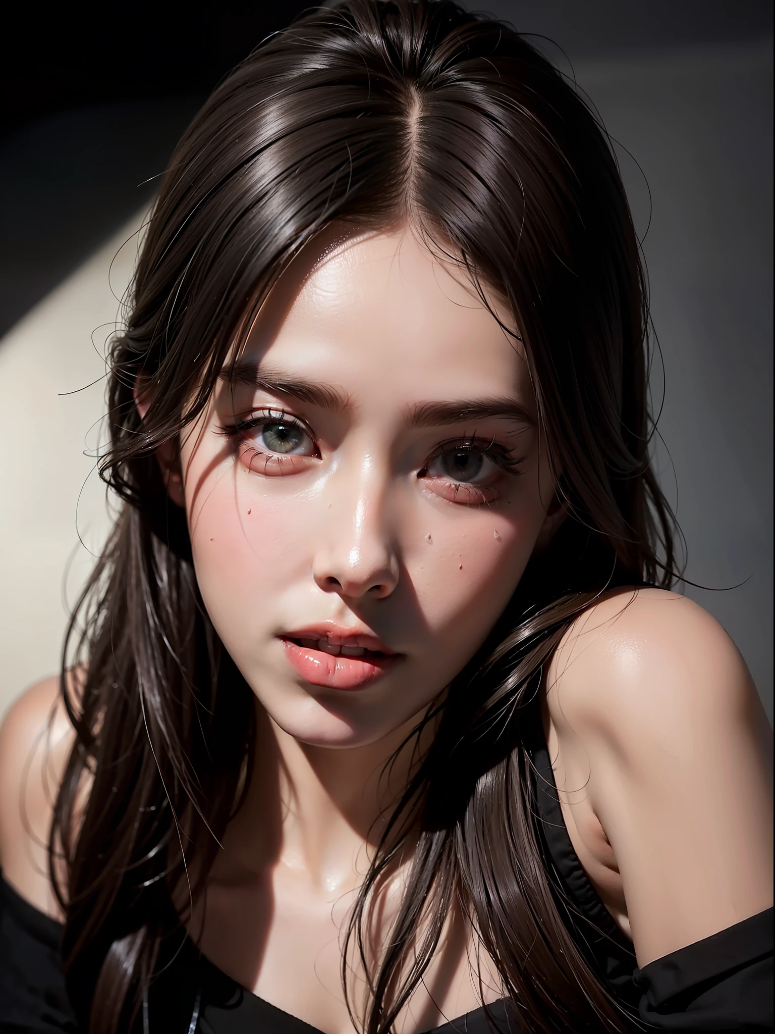 Best quality, masterpiece, ultra high res, (photorealistic:1.4), raw photo, 1girl, offshoulder, in the dark, deep shadow, low key, cold light