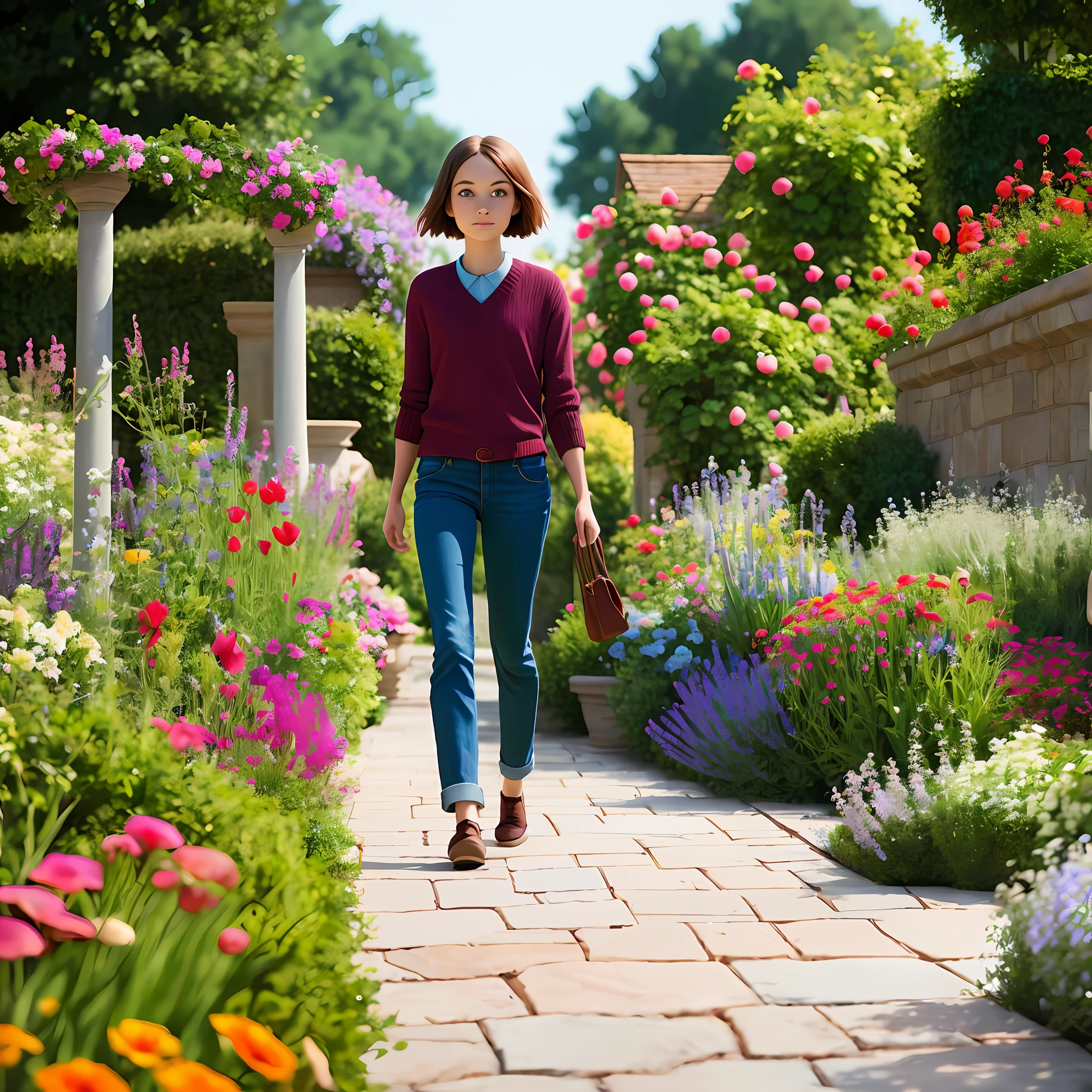 Girl walked beautiful garden style Pixar