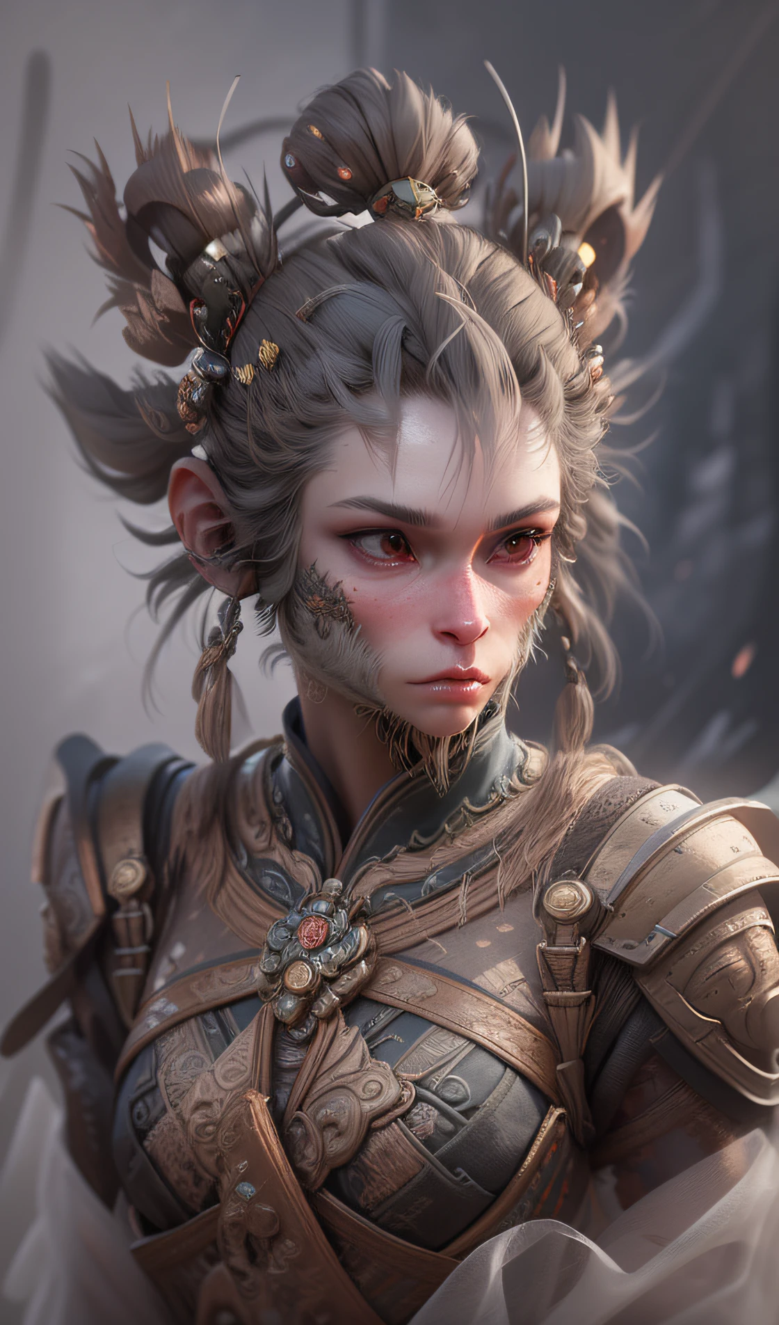 marmoset render, female wukong,, 3d ape shaman profile portrait, sun wukong, hyperdetailed fantasy character, highly detailed cgsociety, cgsociety uhd 4k highly detailed, unreal engine character art, small character. unreal engine 5, humanoid monkey fantasy race, cyberhanfu, Huge breasts, armor, full body