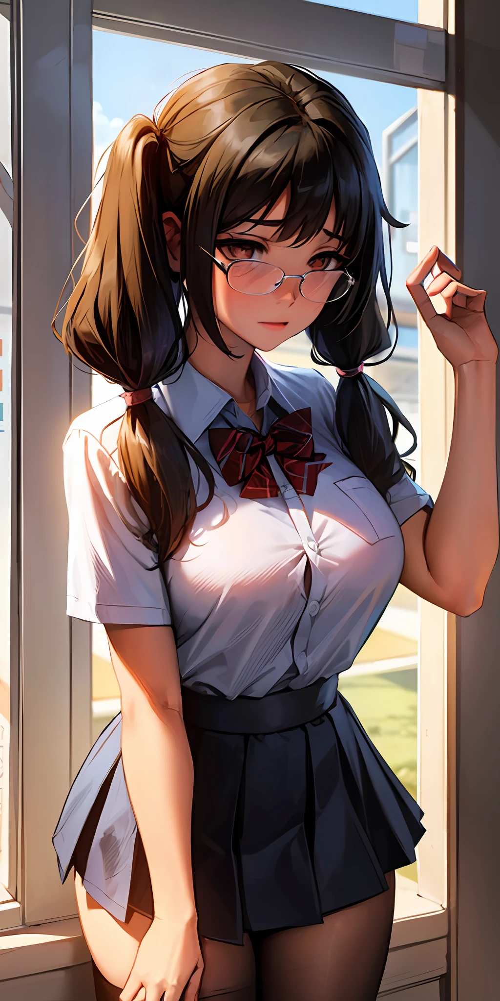 Favorite person, shy, pigtails, hairy, dark personality, , shy, school uniform, glasses, high school girl, big breasts, sheer, girlfriend