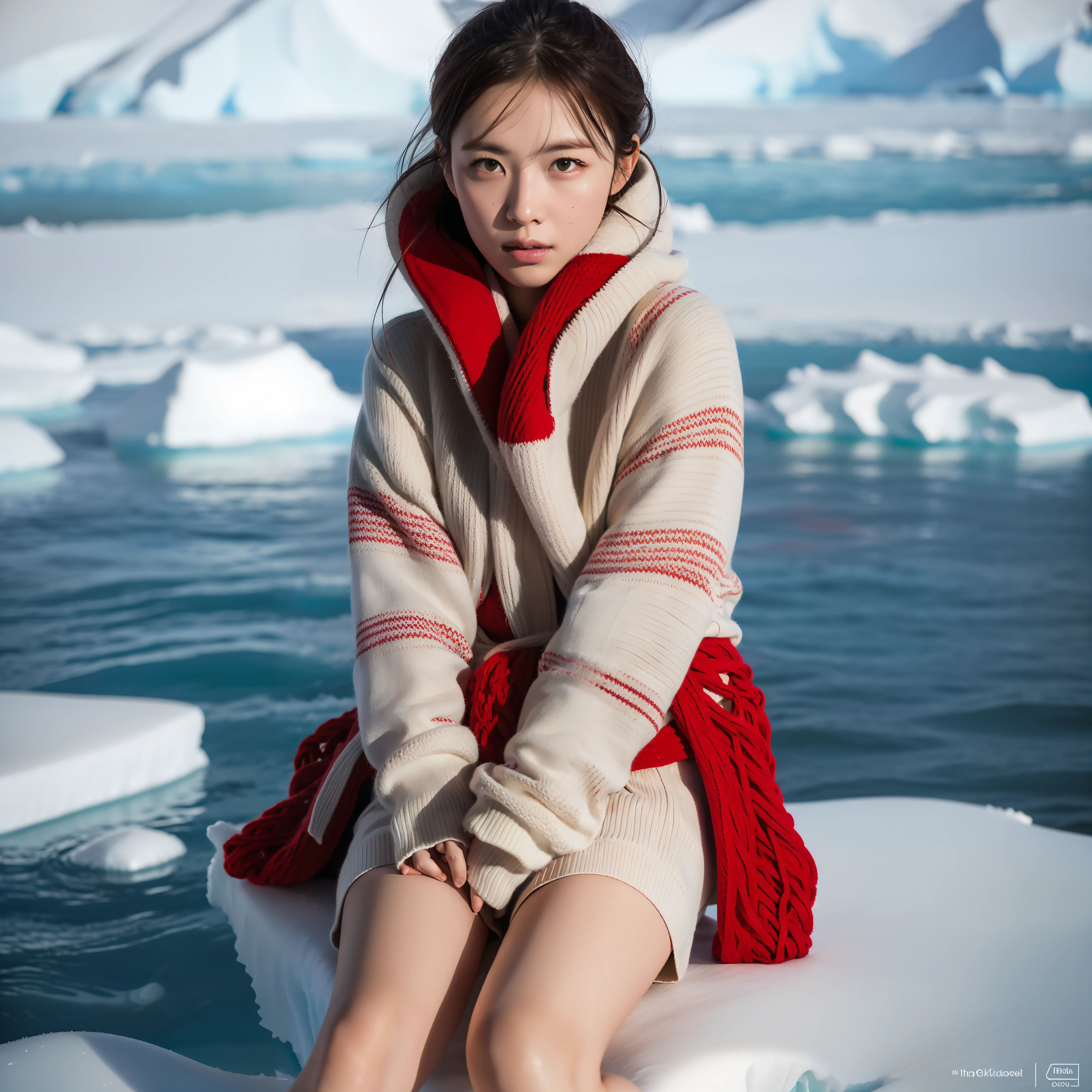 8K, RAW photo, high quality, realistic, full body photo, 1 girl, super detailed face, red yarn, in Antarctica