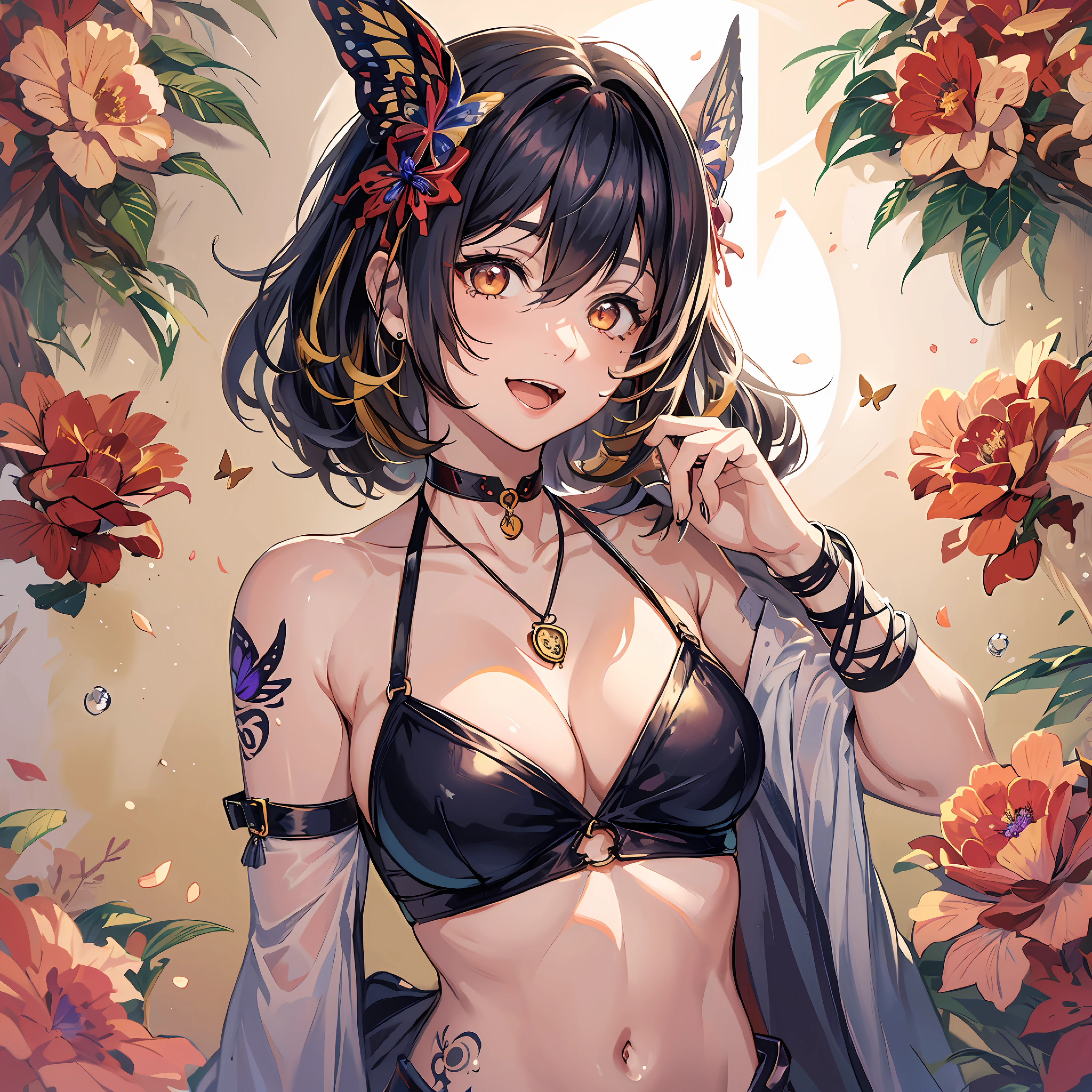 masterpiece, Best quality, Hi-Res, 1girl, Asymmetrical hair, Bangs, Bangs, Blonde hair, Butterfly choker, Chest tattoo, Choker,Big, Cleavage, Clavicle, Fish hair ornament, Floating hair, Flower tattoo, Hair between the eyes, Hair ornament, Hyponytail, Kanzashi, Medium breasted, Medium hair, Open mouth, Orange eyes, Pendant choker, Red Choker, Side Lock, Smile, Tassel, Tattoo, Tooth, Thigh, Wristband, Sakura, Sakura, Torii, Multiple Torii, (Chest Sarashi, Budget Sarashi, Sarashi: 1.1), (Naked Bandage: 1.6), General Raiden