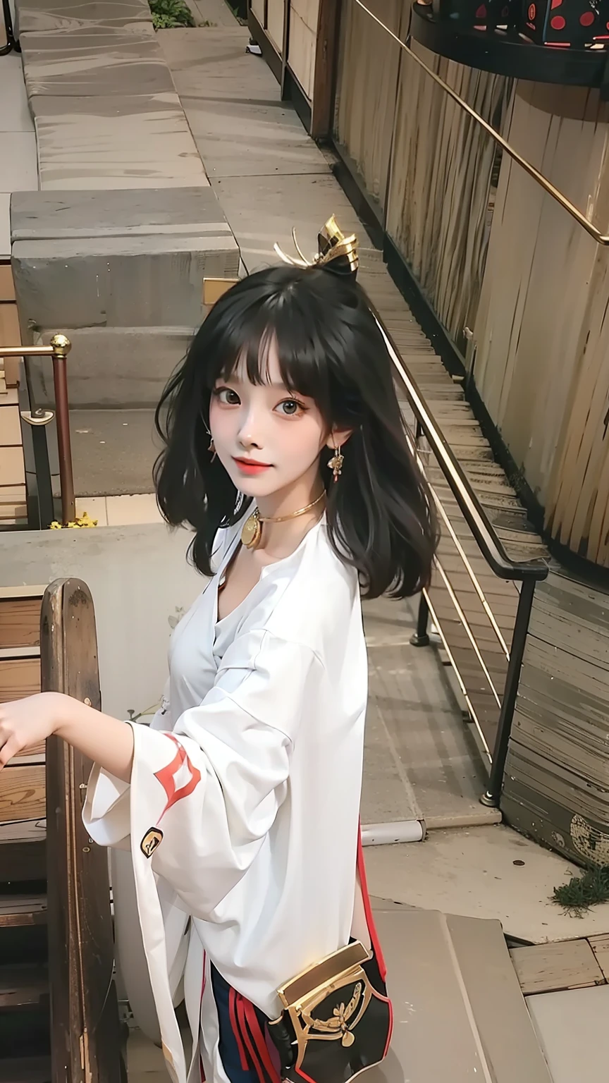 there is a woman standing on a set of stairs with a purse, with short hair, inspired by Kim Du-ryang, a young asian woman, nivanh chanthara, ulzzang, xintong chen, inspired by Ni Yuanlu, white hime cut hairstyle, mai anh tran, heonhwa choe, in style of lam manh