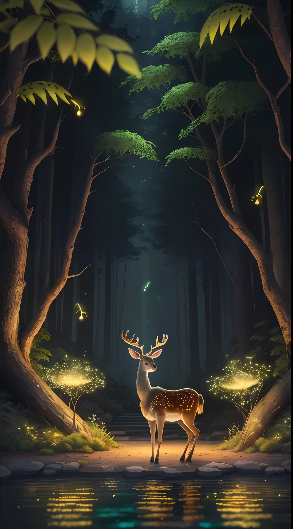 Masterpiece, best quality, (very detailed CG unity 8k wallpaper), (best quality), (best illustration), (best shadows), glow sprite, with a glowing deer, in the swimming pool Drinking water, natural elements in the forest theme. Mysterious forest, beautiful forest, nature, surrounded by flowers, delicate leaves and branches surrounded by fireflies (natural elements), (jungle theme), (leaves), (twigs), (fireflies), (particle effects) etc. 3D , Octane rendering, ray tracing, super detailed