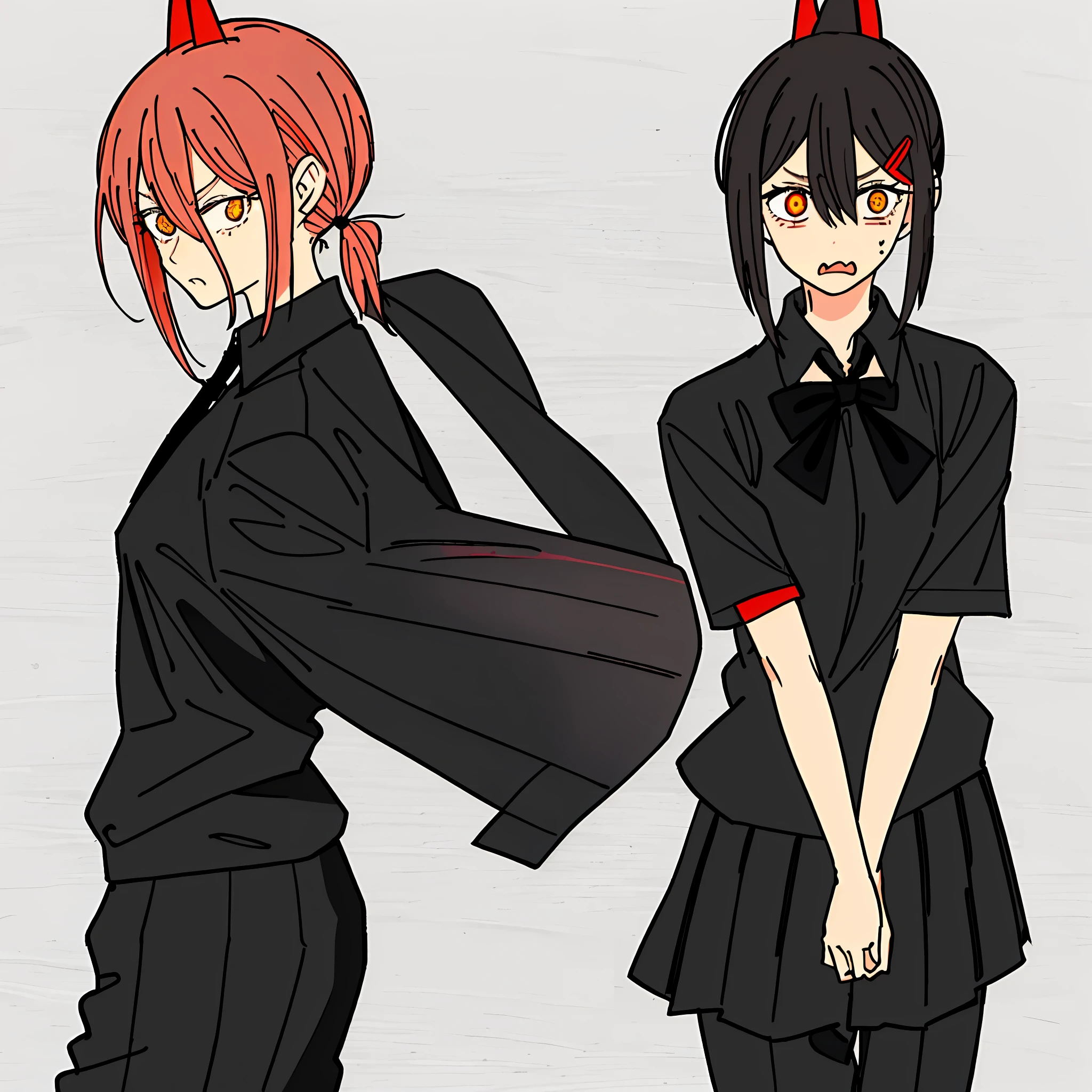 Kobeni \(chainsaw man\), 1girl, bangs, black tie, black pants, , ponytail, collared shirt, short sleeves, tie, black hair, brown eyes, shirt,, solo, uniform, white shirt, small breasts,red hair clips,((shy)),((short hair with fringe)) ,scared, panic