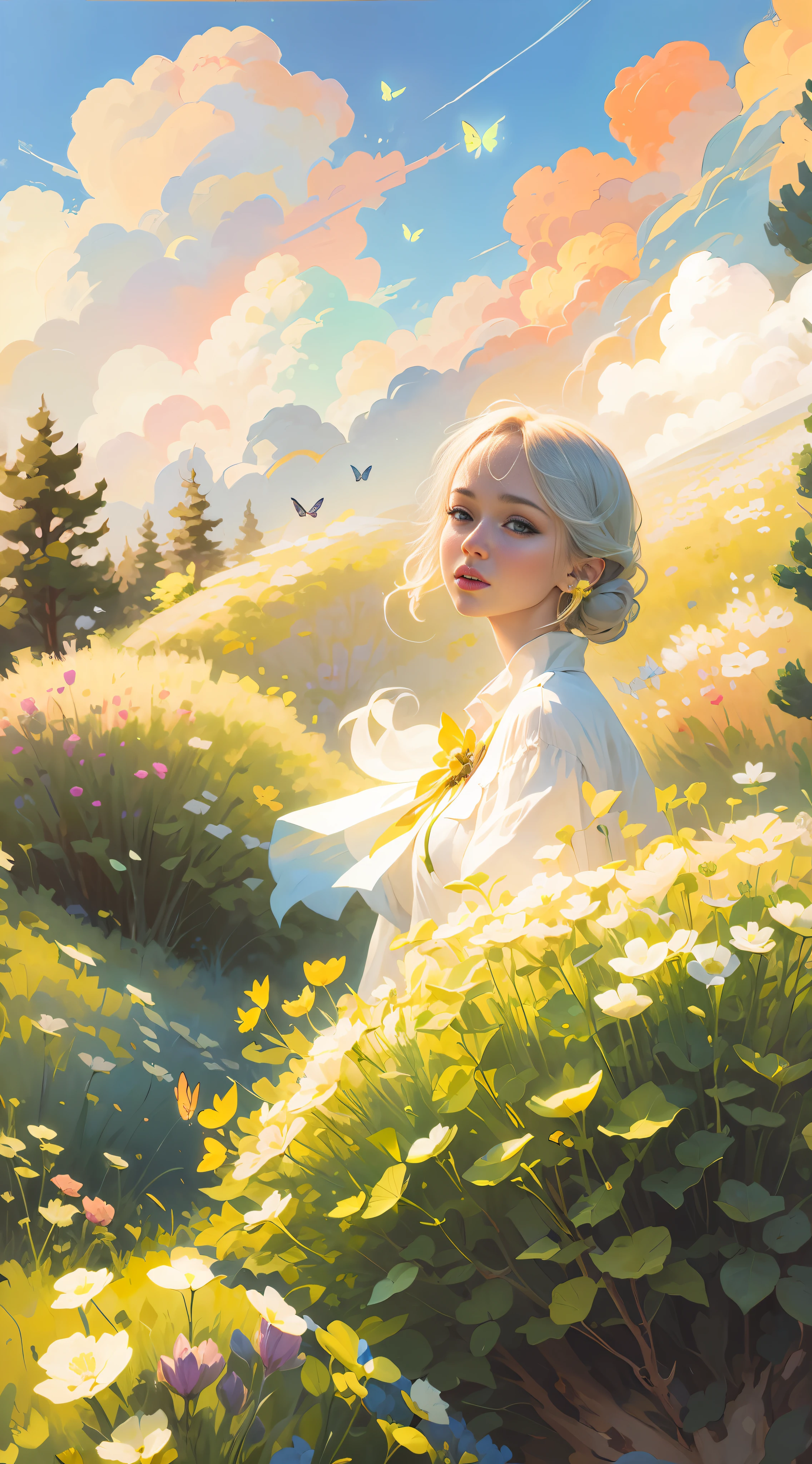 Lustration of a woman in a field of flowers A blue sky of clouds, beautiful illustration, beautiful painting, beautiful UHD 4K art, beautiful art, a beautiful art illustration, art in the style of Guweiz, beautiful painting, Atey Ghailan 8K, Artgerm and Atey Ghailan, girl in a field of flowers, (butterflies). (best quality, masterpiece), 1girl, pose, particle, wind, flower, upper body, sky background, looking at the viewer. --auto
