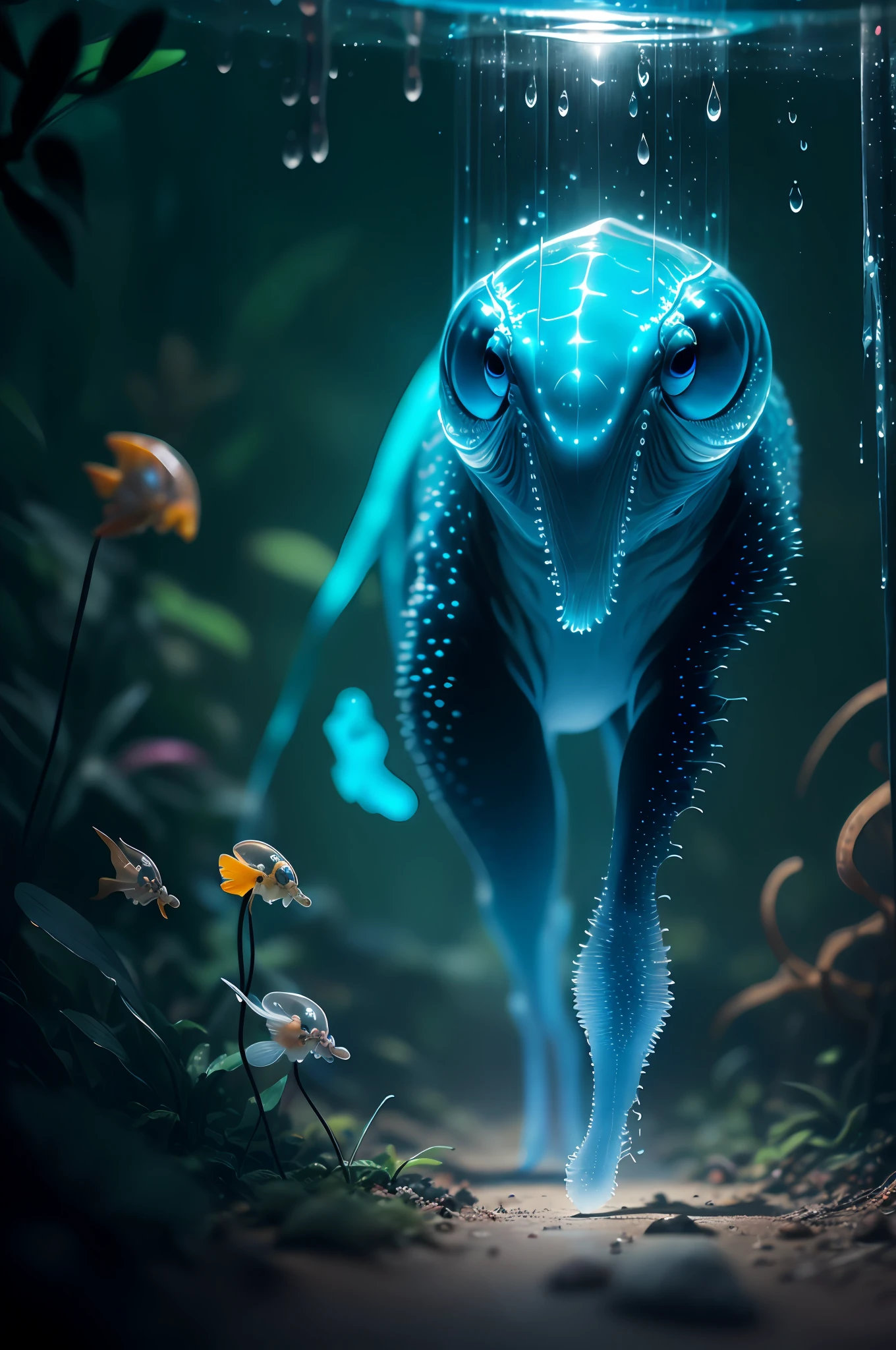 Big creature like dinozaur, glass transparent cristal body,(four eyes), wise look, calm, feelers on the head, buffalo posture, crystal clear body, six legs, glow around it, luminous lines inside the body, with ((six legs creature)) with transparent and lighting body, walking on all six legs, (((cuttlefish head))), ((four eyes)),jellyfish transparent body, six leghs, in the jungle, jungle, rain forest, high image quality, realistic look, high-resolution photography, 8K, full-frame matrix, deep shadows, ((one character)), (intricate details, subsurface scattering, hyperdetailed:1.15), (hyperrealism, volumetric lighting, sharp:1.5) Fujifilm XT3