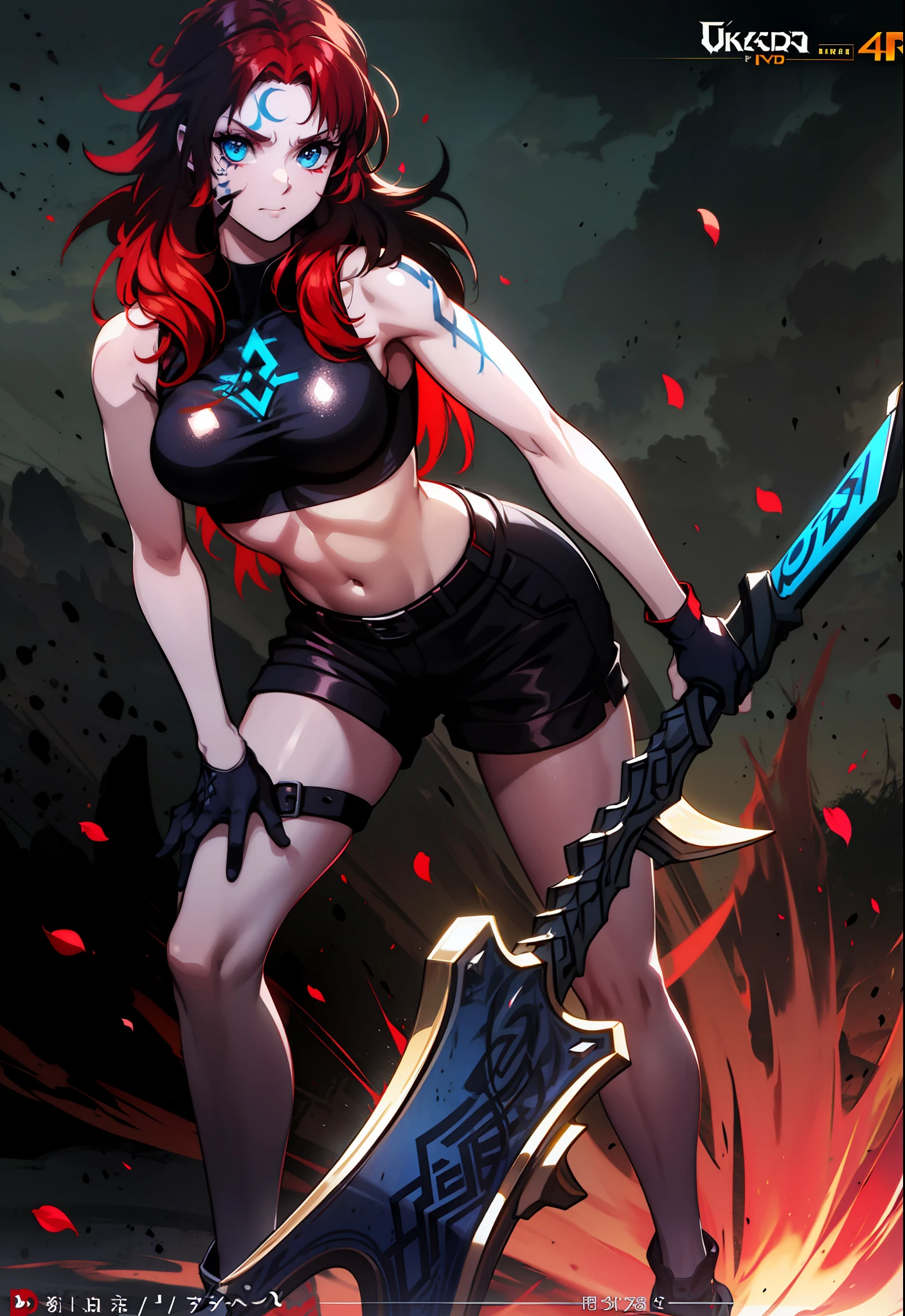 Undead red-haired Viking warrior with Nordic amadura and rune tattoos on her face and blooming blue eyes, 4k