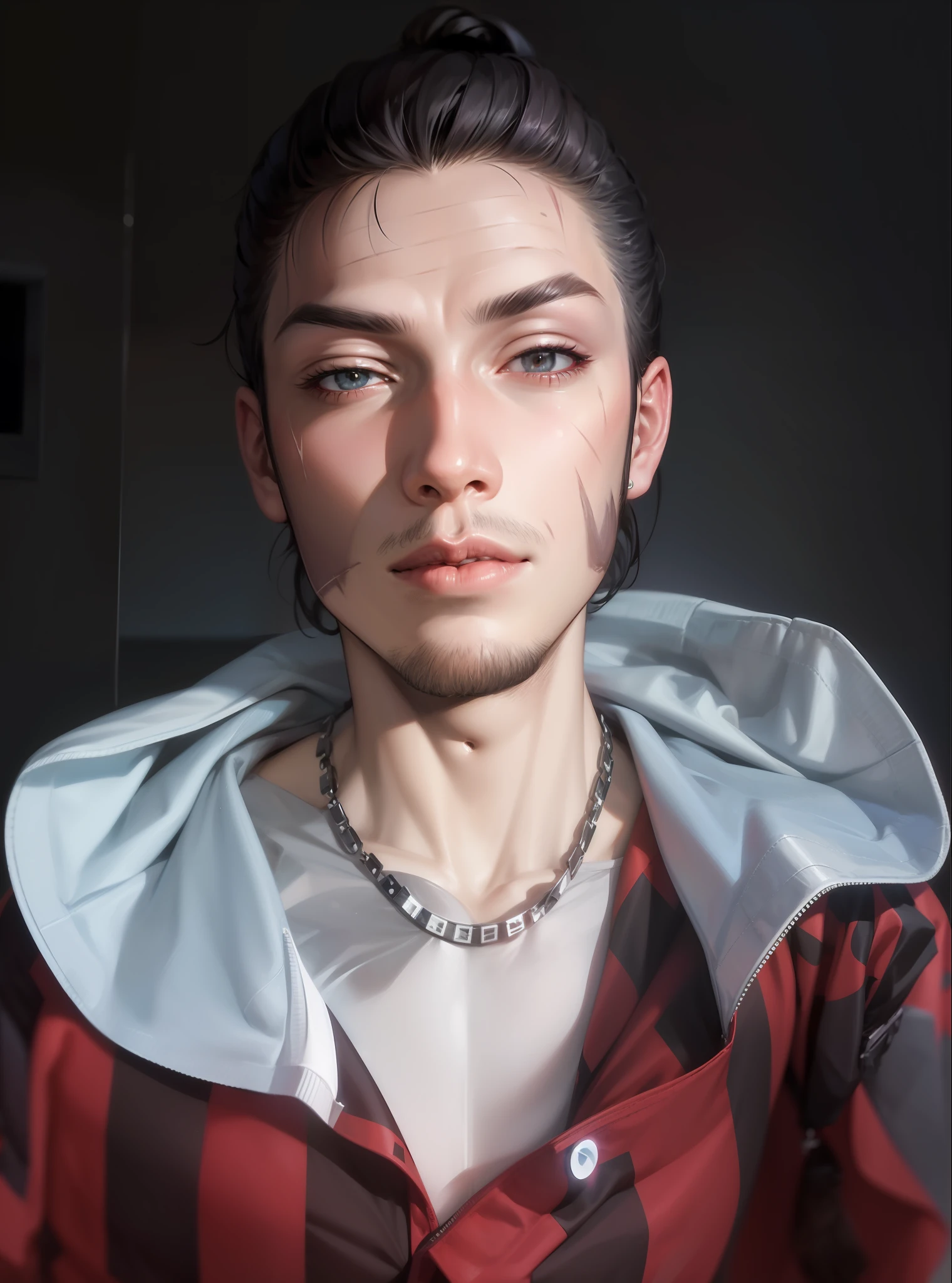 Badboy. Moonlight highlights your muscles and scars. The scenery is lush and mysterious, with futuristic tech and surroundings. The camera details everything. Punk. Manbun.