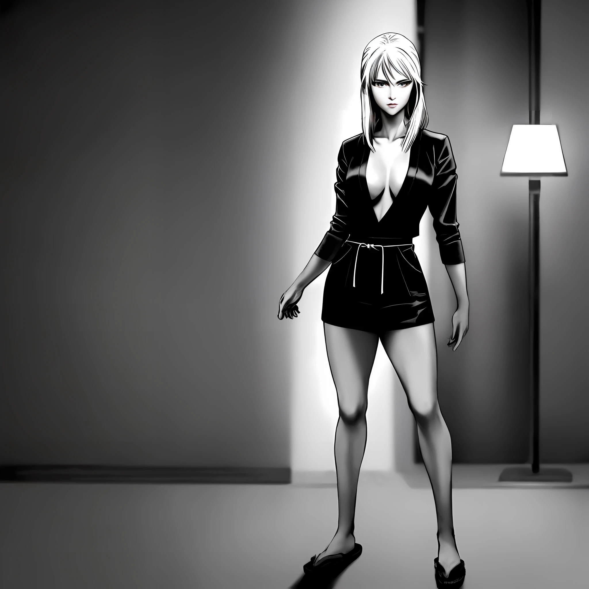 Masterpiece, Yuji Shinkawa, great Japanese master anime works, Japanese manga master works, black and white manga, grayscale, realistic night scene, a girl standing in the dark night in a fashion costume, sexy girl, slim body, big, long legs, sexy slender legs, movie lighting, light and shadow tracking, movie composition, full body standing, HD picture quality