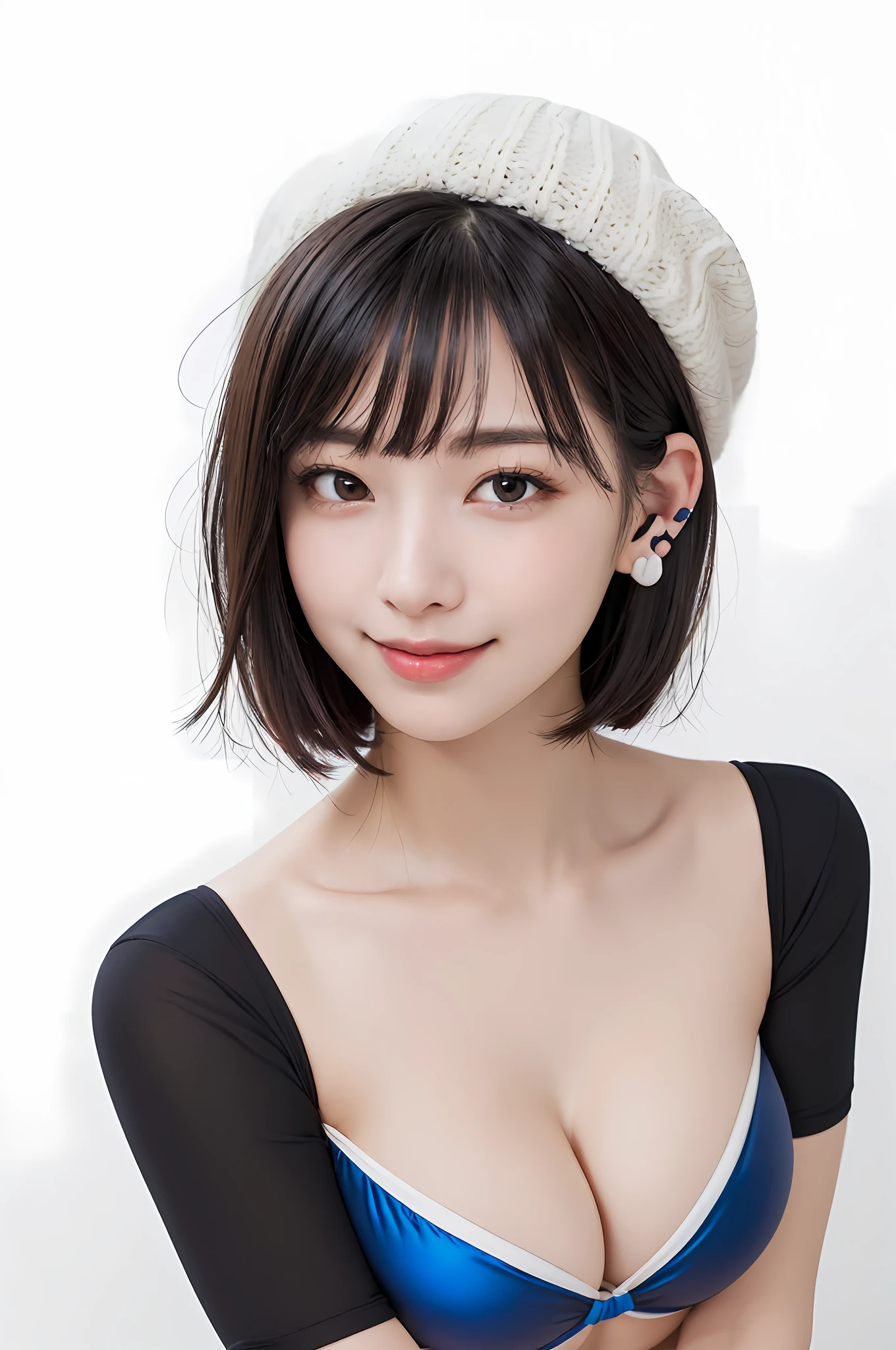 (masterpiece, best quality),1 girl, solo, black hair, scarf, hat, real, real, look at viewer, black eyes, short hair, coat, winter clothes, white scarf, lips, bangs, outdoors, closed mouth, upper body, big eyes, eyelashes ((really nothing background, really pure white background)), ((short hair with bangs, staring at the viewer, cute beauty, beautiful beauty, ears out, long neck, Happy smile, smile with mouth closed))), masterpiece, highest quality, ultra high resolution, (photorealistic photo: 1.4), ((1 girl, white fair skin: 1.4, kneeling, from above, looking up at the viewer, face close-up, 19 years old, pretty, cute, black hair, bob_cut, short hair with bangs, big breasts: 1.6)) (bikini swimsuit: 1.3, simple blue and white two-tone swimsuit, Glossy shiny shiny swimsuit, shiny swimsuit with reflective surfaces, dripping wet body: 1.2) (portrait of a famous actress of Japan), (smile, happy, joyful, cheerful, close mouth), (breasts tucked between arms with breasts), high detailed eyes, ((((really pure white background, nothing background)))), long neck, (short hair with bangs)))), eyelashes, big eyes, (((very beautiful, very beautiful) ), (((natural light, put out your ears)))
