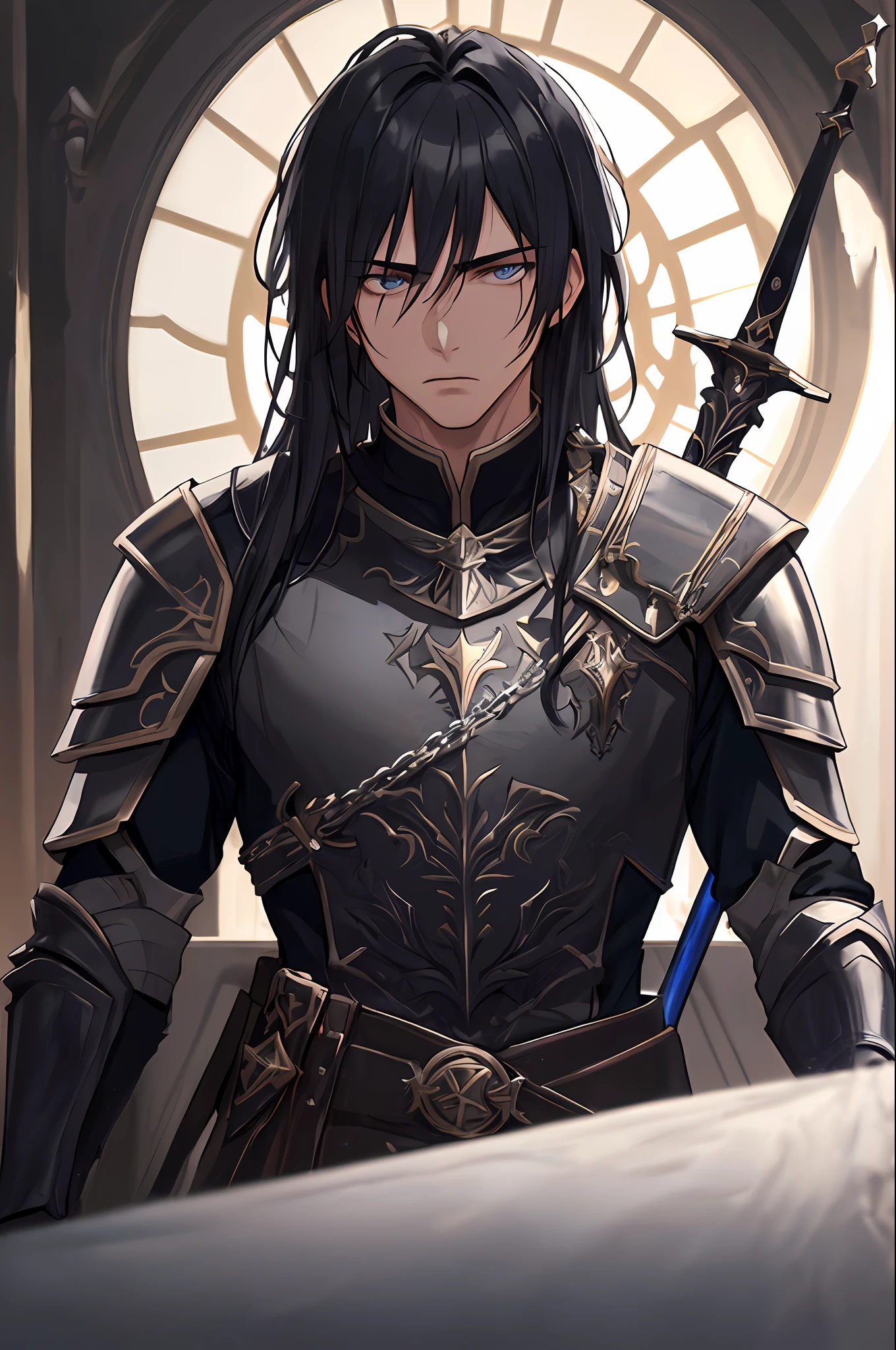 best quality, more detail, masterpiece, 1boy, portrait, male focus, solo, luxurious, 8k, detailed, ray tracing, depth of field, cinematic lighting, a tall, imposing human with long black hair that cascades over his shoulders. His eyes are piercing, shining with a mysterious intensity. He is dressed in black and silver armor, made of an unknown material, and carries a long sword engraved with arcane symbols.