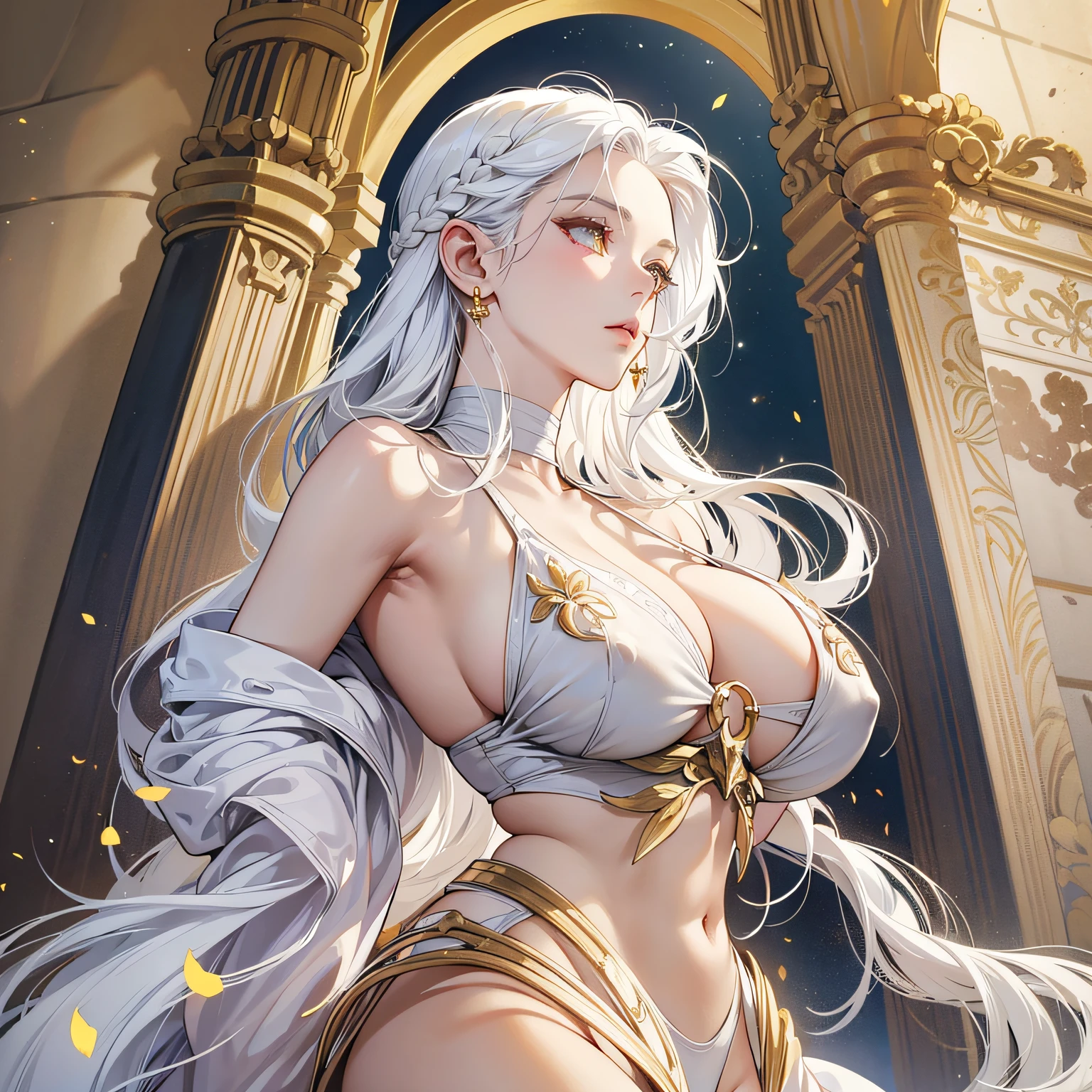Long white hair, golden eyes, large chest with areola, long legs --auto