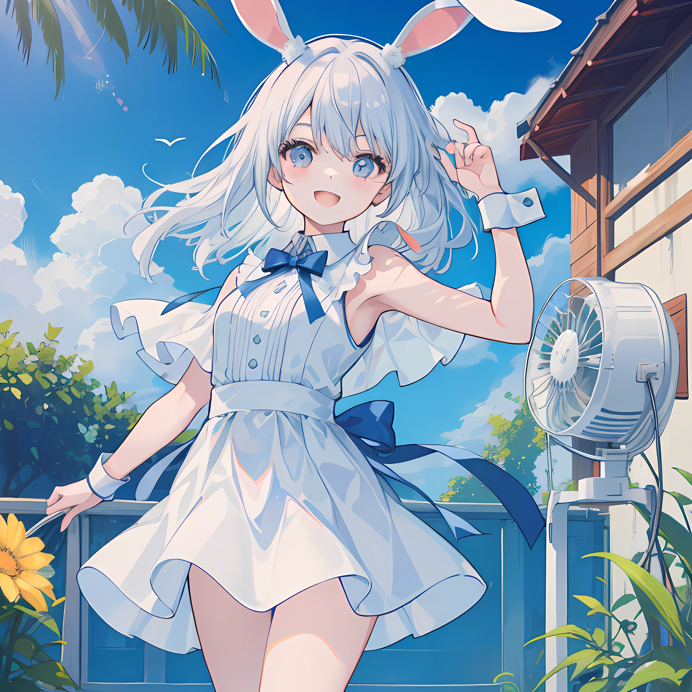 ((Rabbit-eared girl)) ((One High Quality Super Fan)),Stand in Front of the Fan Open Your Mouth Smile (Wind) White Dress Inside the House Morning Sun