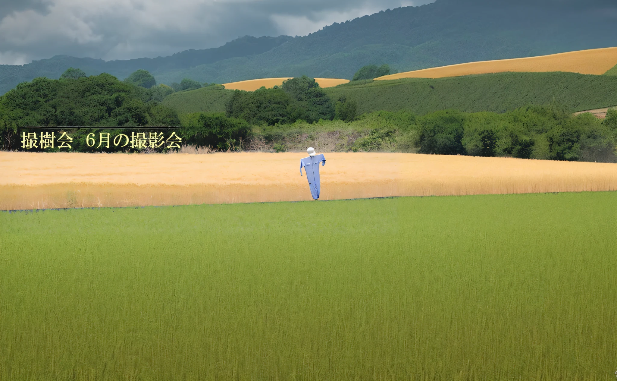 there is a blue umbrella in the middle of a field, wheat field behind the house, by Sengai, wearing wheat yellow gauze, happy!!!, farm land, wheat field, wheat fields, 中 元 节, high grain, combine, harvest, scenary, immense wheat fields, no cropping, in a wheat field, 2 d cg