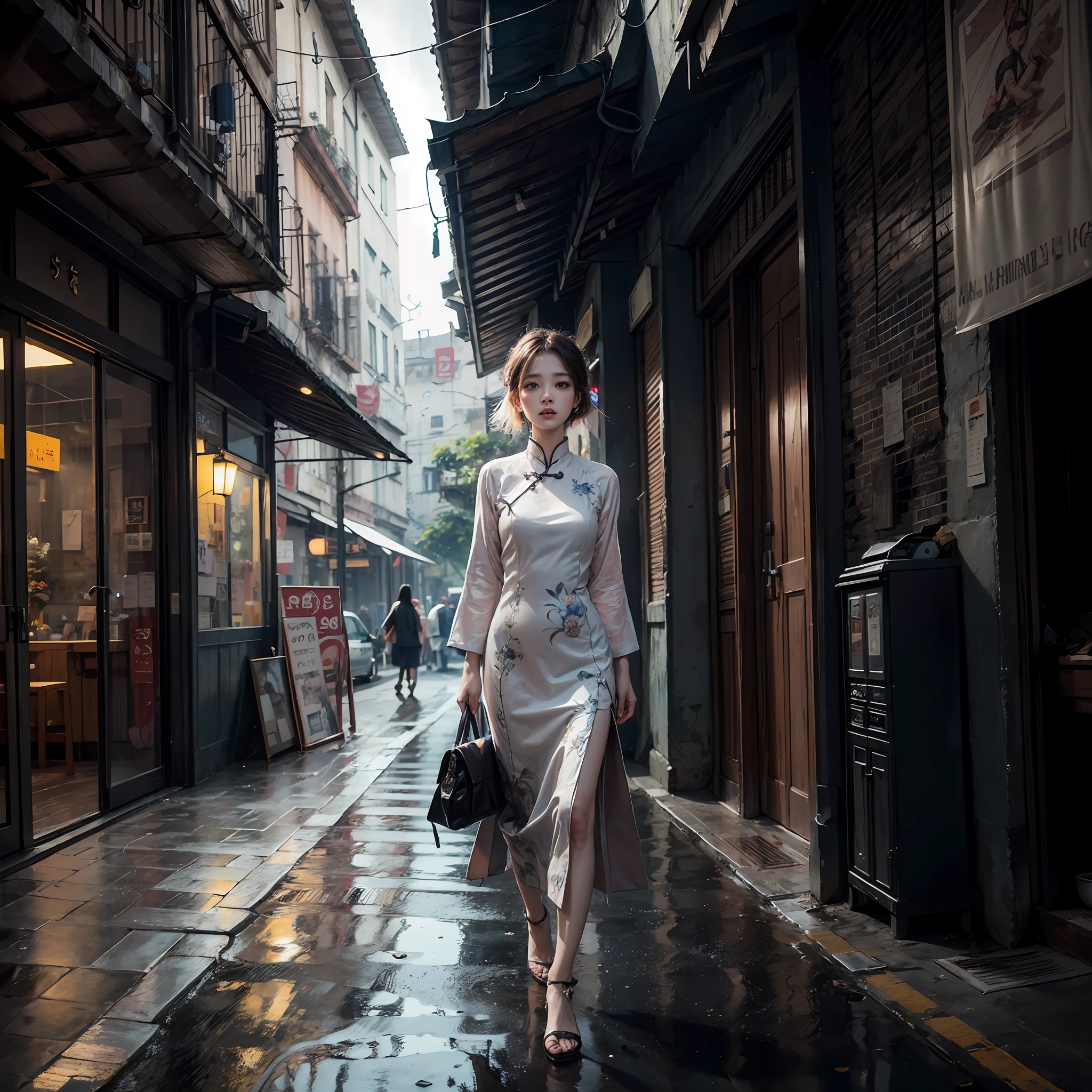Aodai vietnam, street, the city pari, epic realistic, photo, faded, complex stuff around, intricate background, soaking wet, neutral colors, ((((hdr)))), ((((muted colors)))), intricate scene, artstation, intricate details, vignette