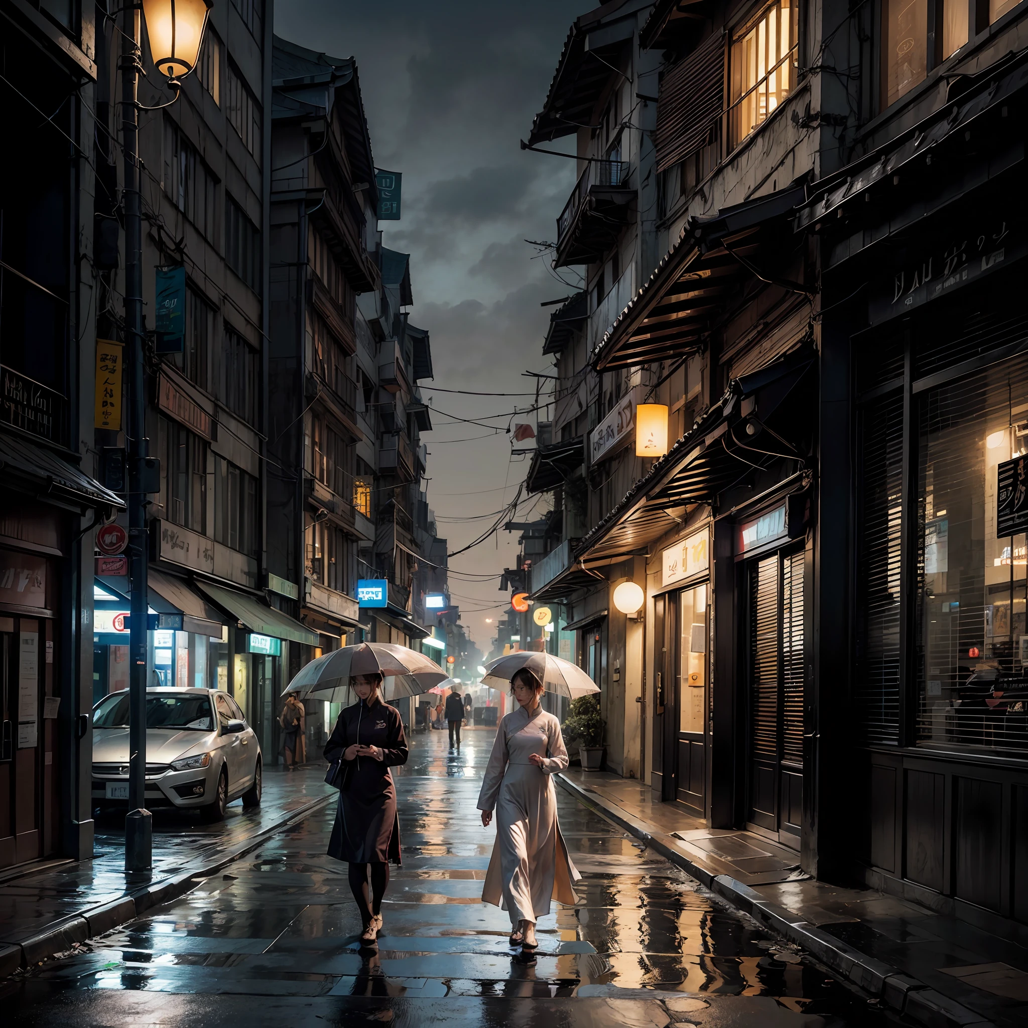 Aodai vietnam, street, the city pari, epic realistic, photo, faded, complex stuff around, intricate background, soaking wet, neutral colors, ((((hdr)))), ((((muted colors)))), intricate scene, artstation, intricate details, vignette
