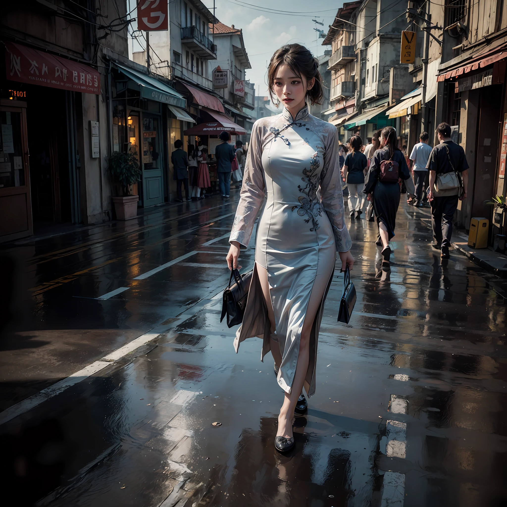 Aodai vietnam, street, the city pari, epic realistic, photo, faded, complex stuff around, intricate background, soaking wet, neutral colors, ((((hdr)))), ((((muted colors)))), intricate scene, artstation, intricate details, vignette